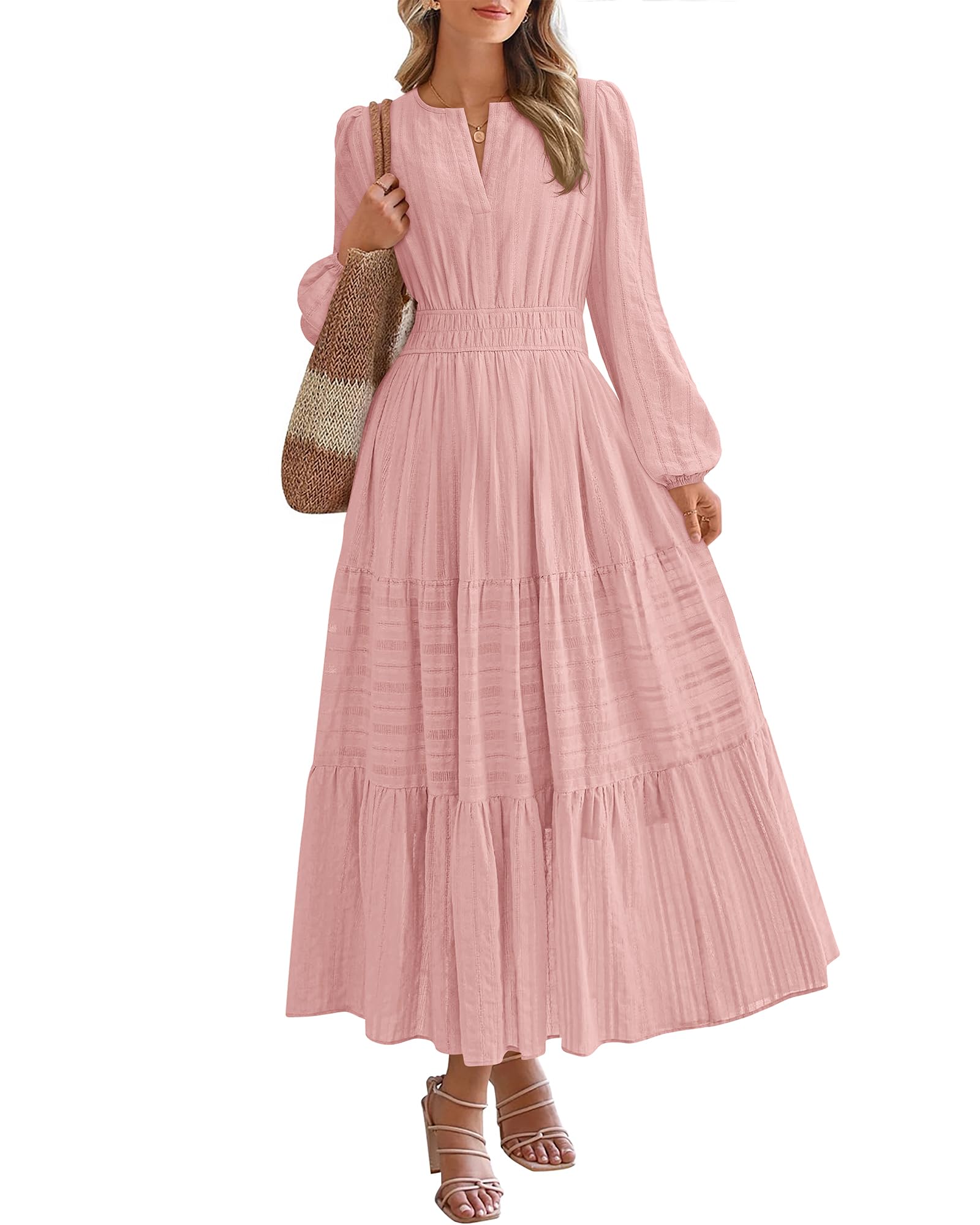 FreshPretty Fall Dresses for Women Casual Long Sleeve V Neck Elastic Waist Lightweight Maxi Wedding Guest Dress Pockets