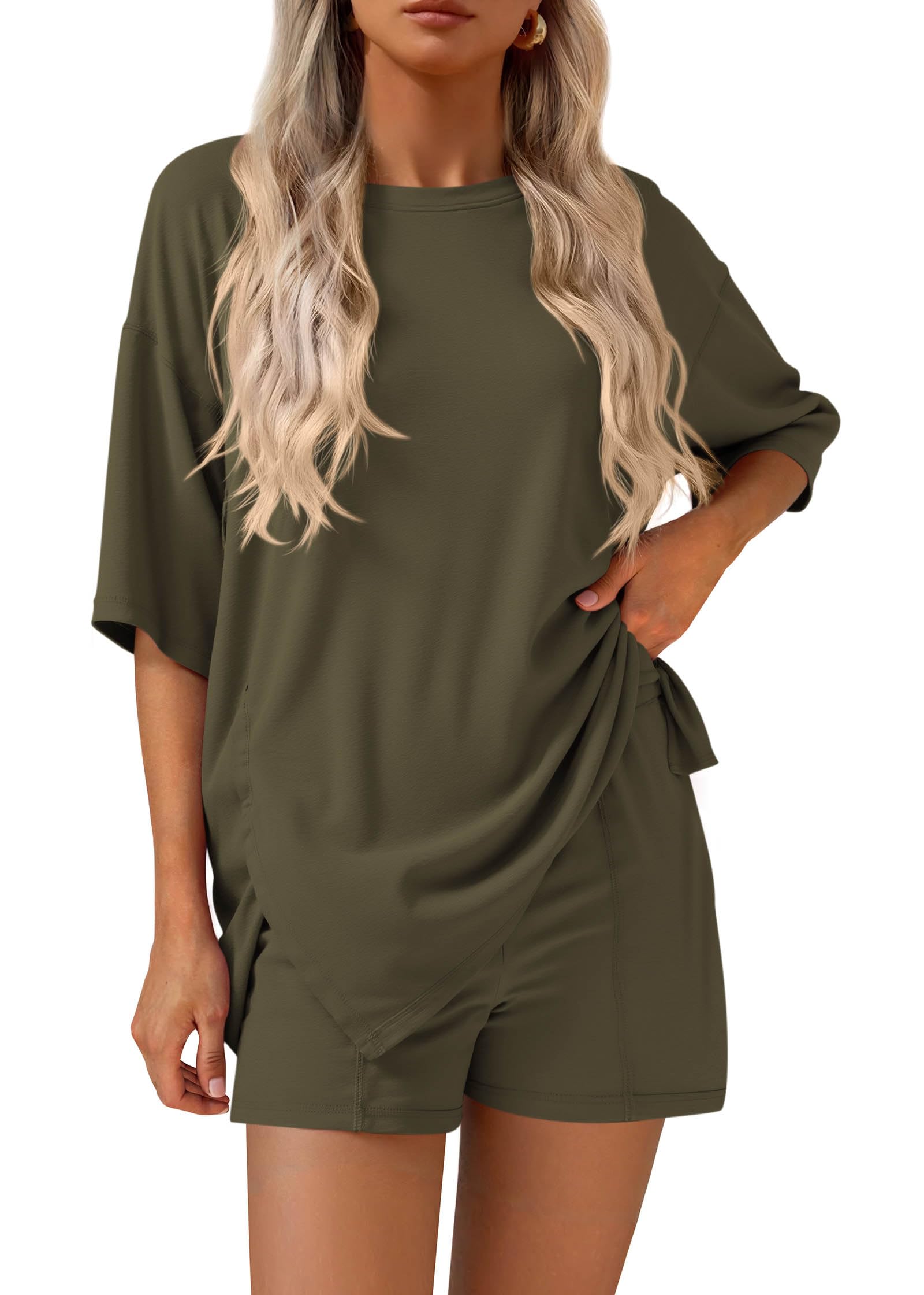 FreshPretty 2 Piece Sets for Women Summer Lounge Sets Casual Oversized Tshirts Shorts Matching Airport Travel Outfits Postpartum