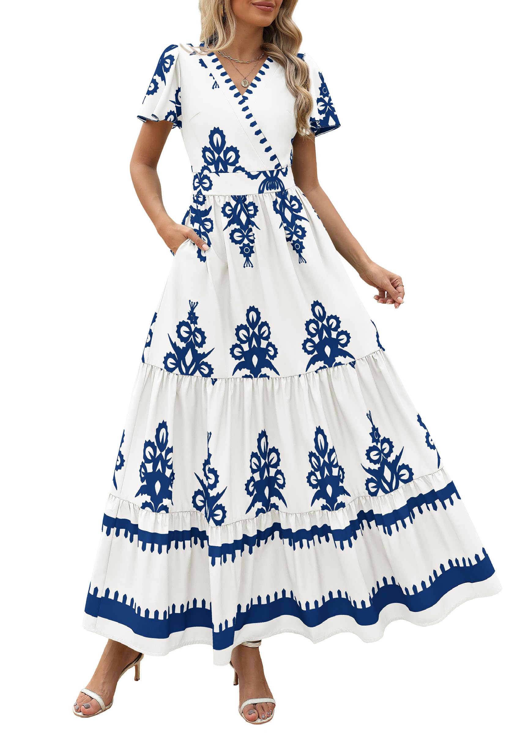 PRETTYGARDEN Womens Summer Casual V Neck Boho Maxi Dress Flowy Aline Bell Sleeve Tiered Floral Dresses with Pocket