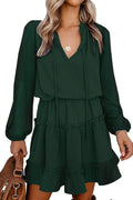 FreshPretty Long Sleeve Fall Dresses for Women Summer Casual Tie Neck Ruffle Tiered A Line Wedding Guest Short Mini Dress