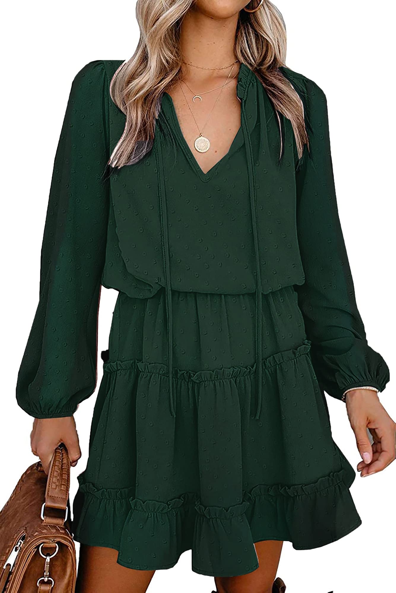 FreshPretty Long Sleeve Fall Dresses for Women Summer Casual Tie Neck Ruffle Tiered A Line Wedding Guest Short Mini Dress