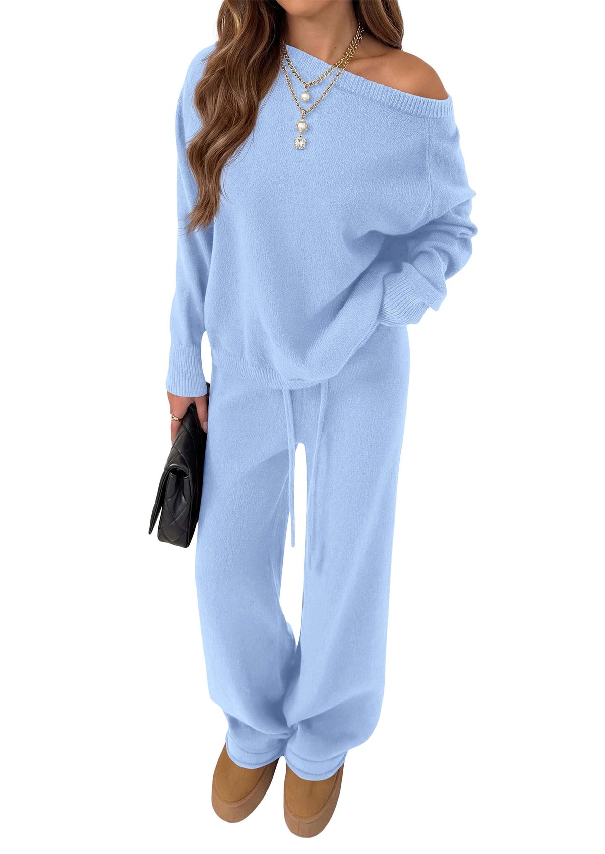 PRETTYGARDEN Lounge Sets Womens Sweaters Two Piece Outfits Cozy Boat Neck Long Sleeve Tops, Wide Leg Pants with Drawstring, Casual Fall Fashion Airport & Travel, Knit Matching Set