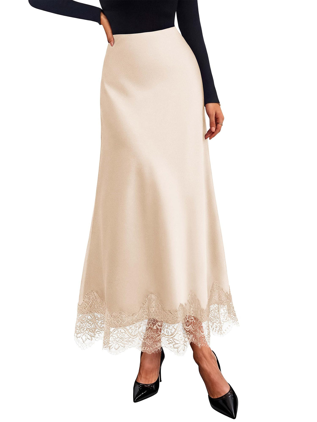 BTFBM Lace Trim Satin Skirts for Women Elegant | Lightweight, High Waist, A-Line, Flowy Maxi Skirt, Wedding, Cocktail, Graduation, Holiday Outfits, Fall Fashion Clothing