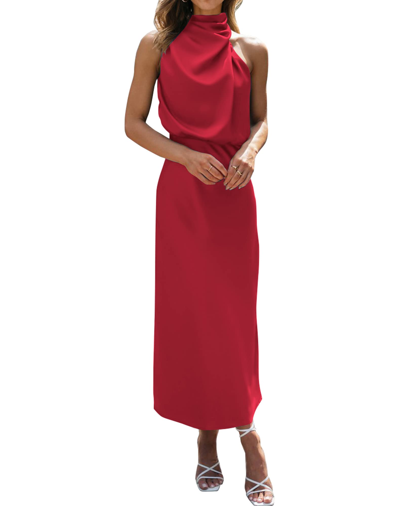 BTFBM Cocktail Dresses for Women Summer Satin Silk Sleeveless Mock Neck Maxi Wedding Guest Dress Spring Outfits