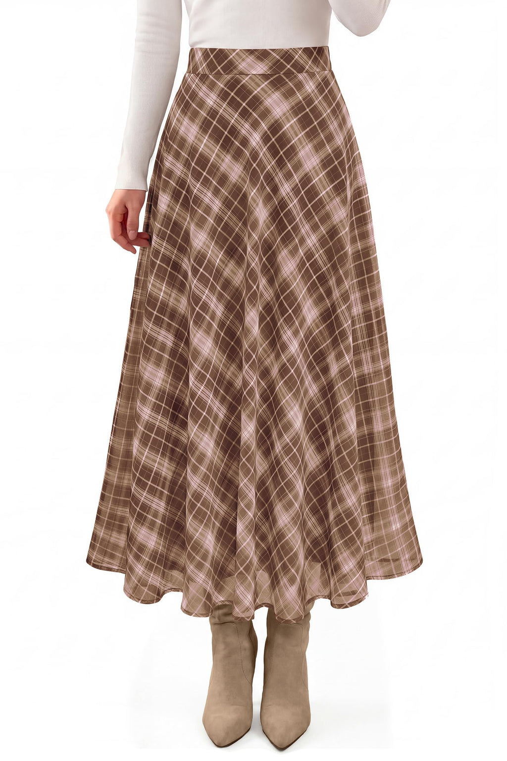 FreshPretty Casual A-Line Plaid Maxi Skirts for Women Trendy Fall Fashion Lightweight Chiffon Gingham Elastic Waist Long Skirt,Cute Winter Clothing,Spring Flowy Beach Vacation Clothes