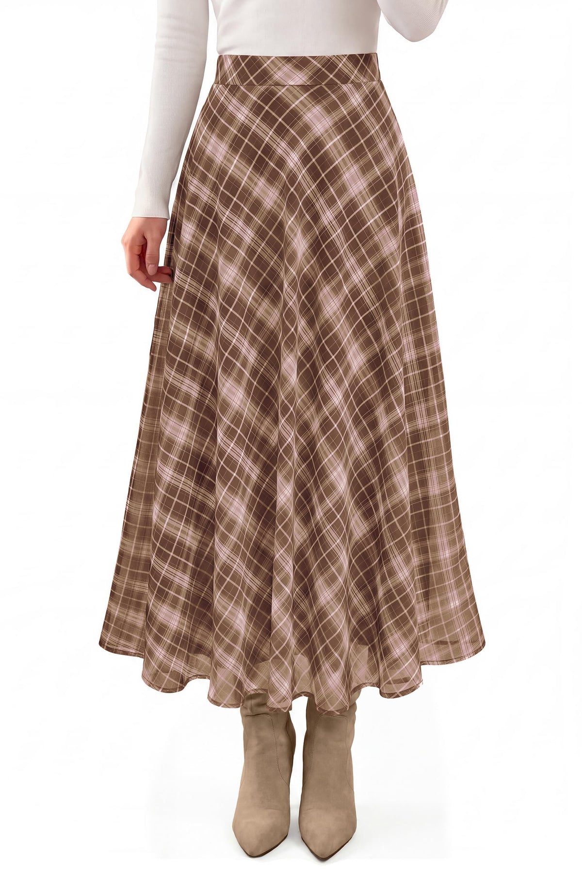FreshPretty Casual A-Line Plaid Maxi Skirts for Women Trendy Fall Fashion Lightweight Chiffon Gingham Elastic Waist Long Skirt,Cute Winter Clothing,Spring Flowy Beach Vacation Clothes