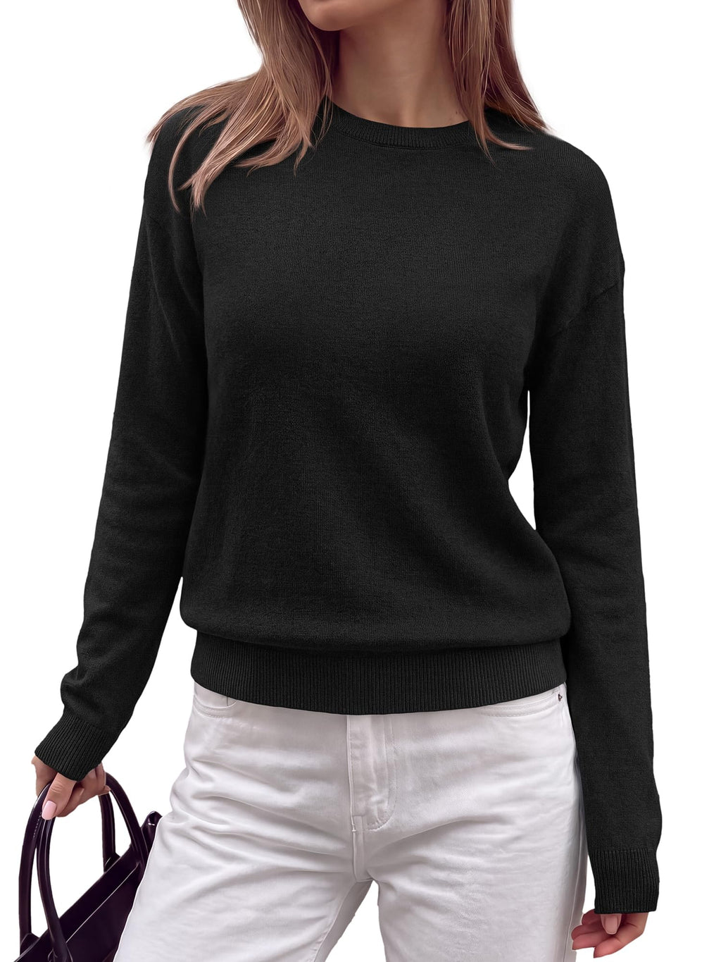 FreshPretty Sweaters for Women Fall Lightweight Loose Long Sleeve Tops,Soft Ribbed Knit Pullover Basic Sweater,Drop Shoulder Crewneck Business Casual Work Top,Daily Travel Outfits Winter Layering