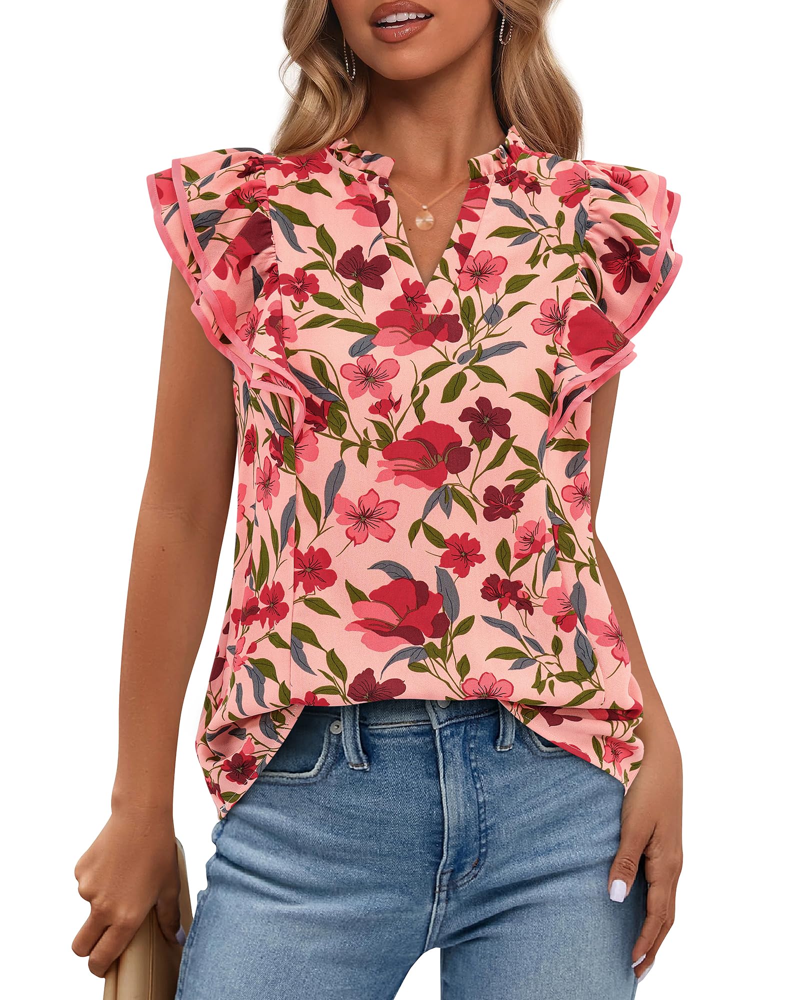 FreshPretty Womens Tops Dressy Casual Spring Summer Shirts Boho Floral V Neck Ruffle Cap Sleeve Business Work Blouses