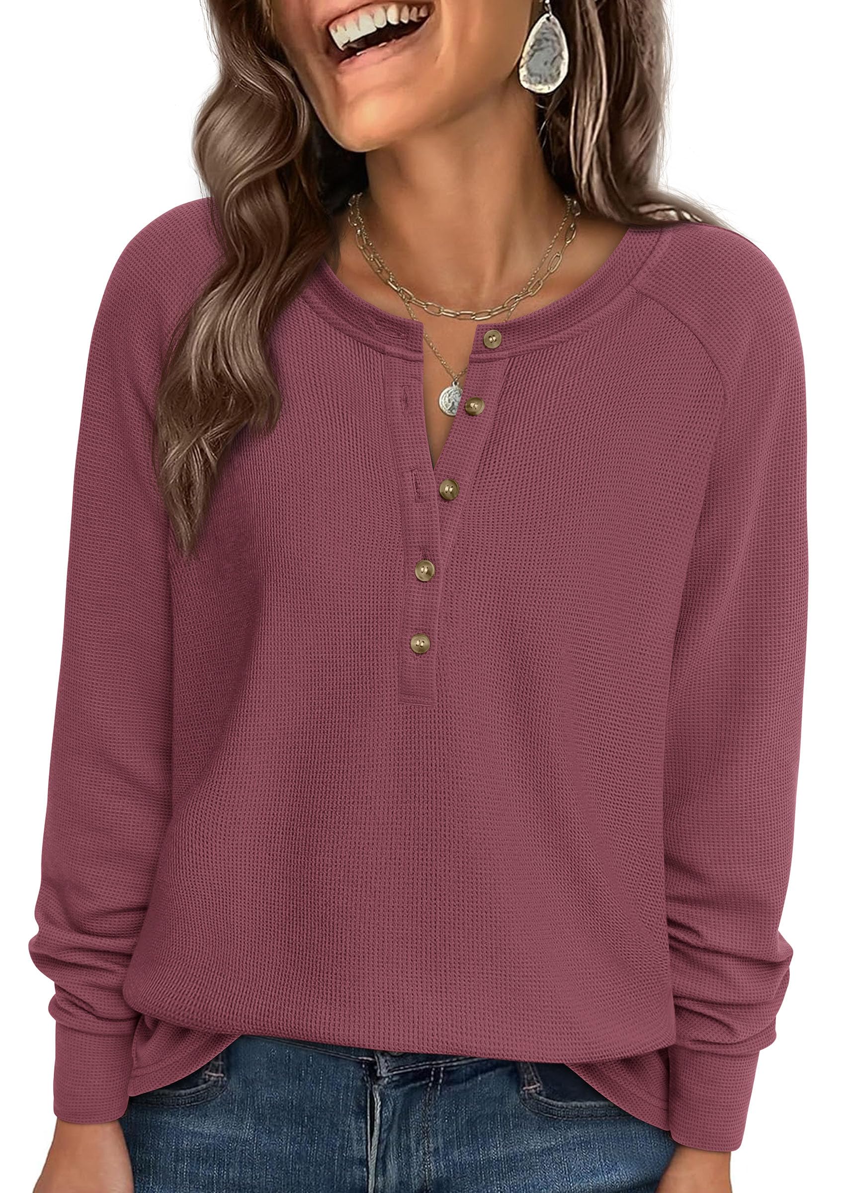 PRETTYGARDEN Women's Long Sleeve Waffle Knit Shirts Fall Casual Button Up Henley V Neck Tunic Tops Loose Fit Basic Tees