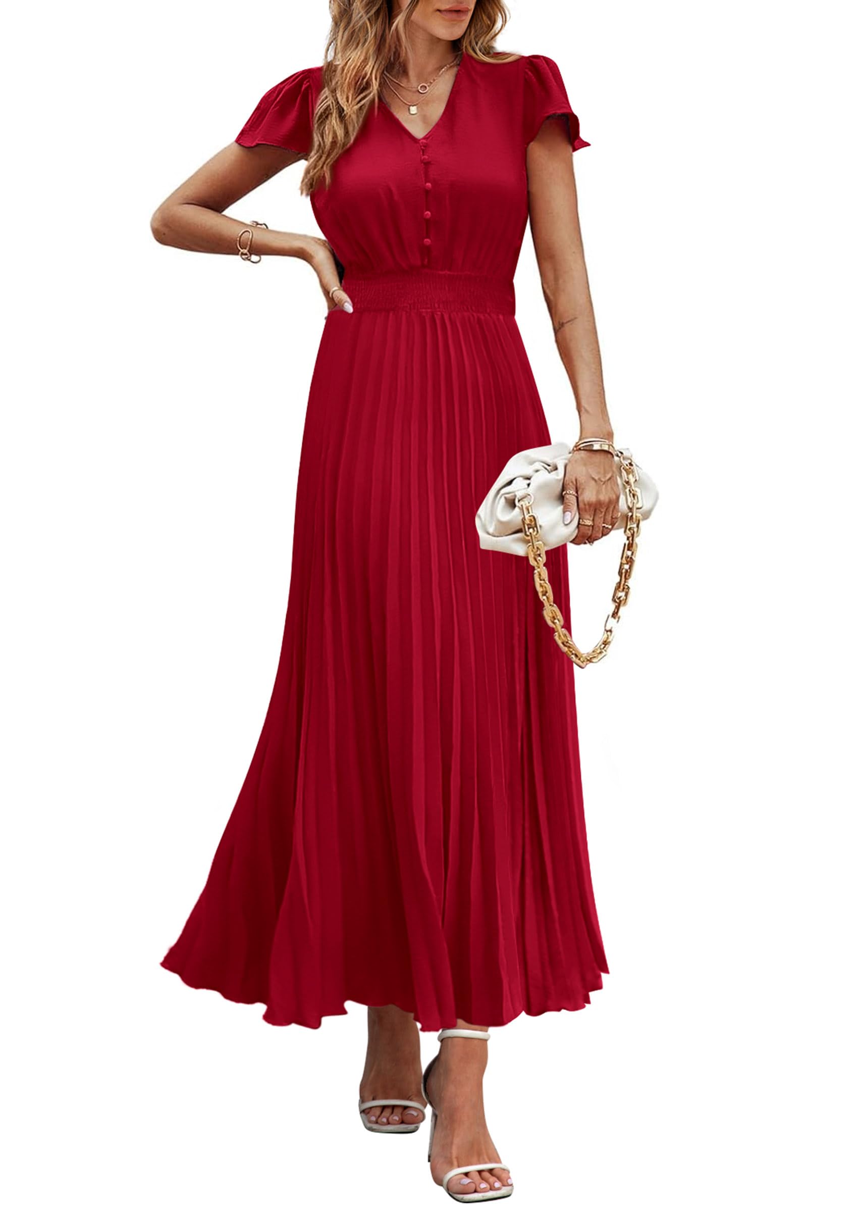 PRETTYGARDEN Women's Summer Maxi Dresses Trendy Casual Button V Neck Ruffle Cap Sleeve Long Flowy Spring Pleated Dress