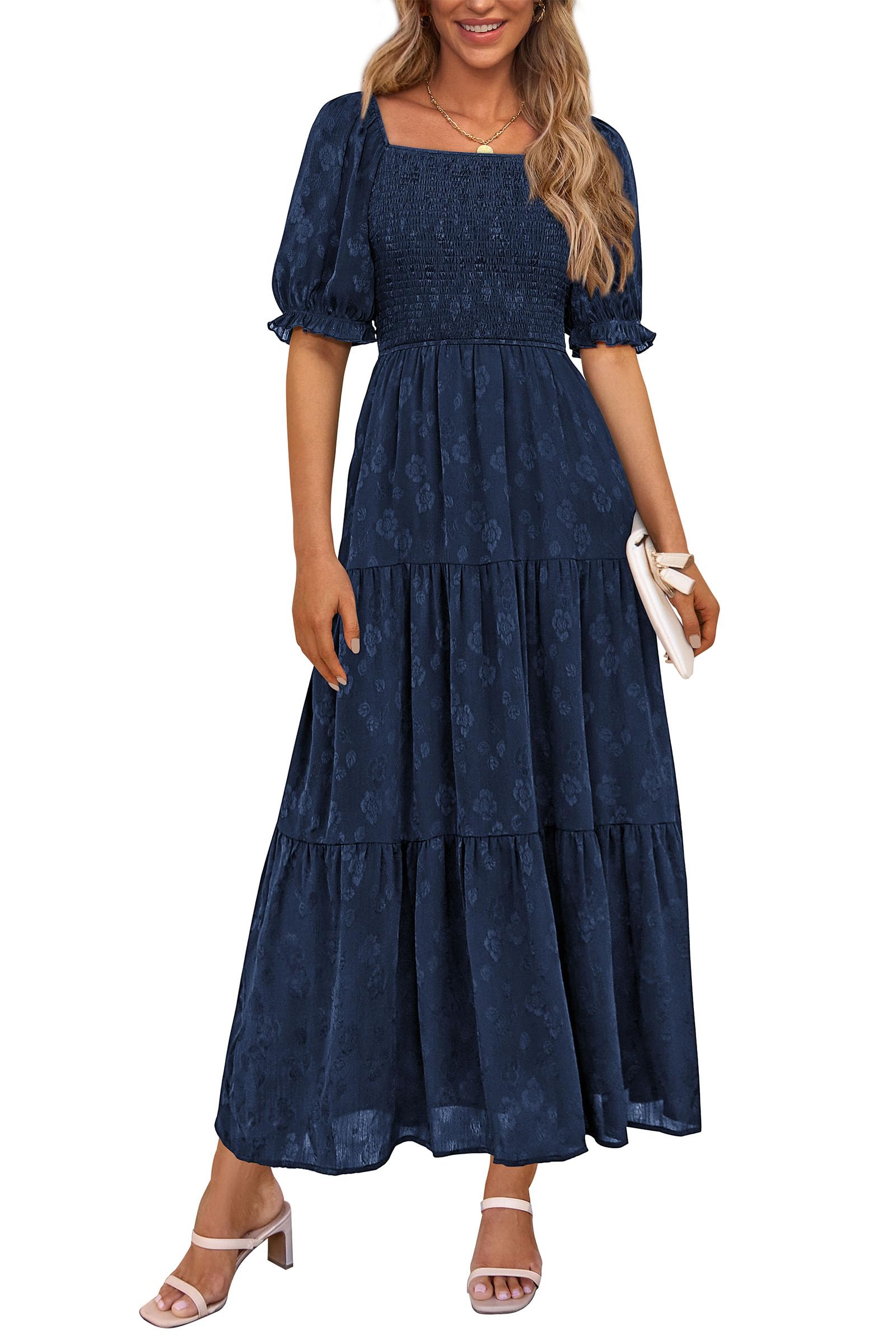 PRETTYGARDEN Women's Summer Casual Midi Dresses Square Neck Short Sleeve Smocked A Line Floral Flowy Elegant Boho Dress