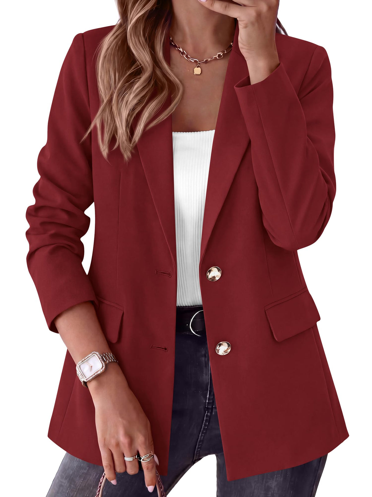 BTFBM Blazers for Women Business Casual Outfits Work Fall Clothes Breasted Notch Lapel, Long Sleeve, Gold Button, Fitted, Open Front Suit Jackets, Pockets, Dressy Professional Office Blazer