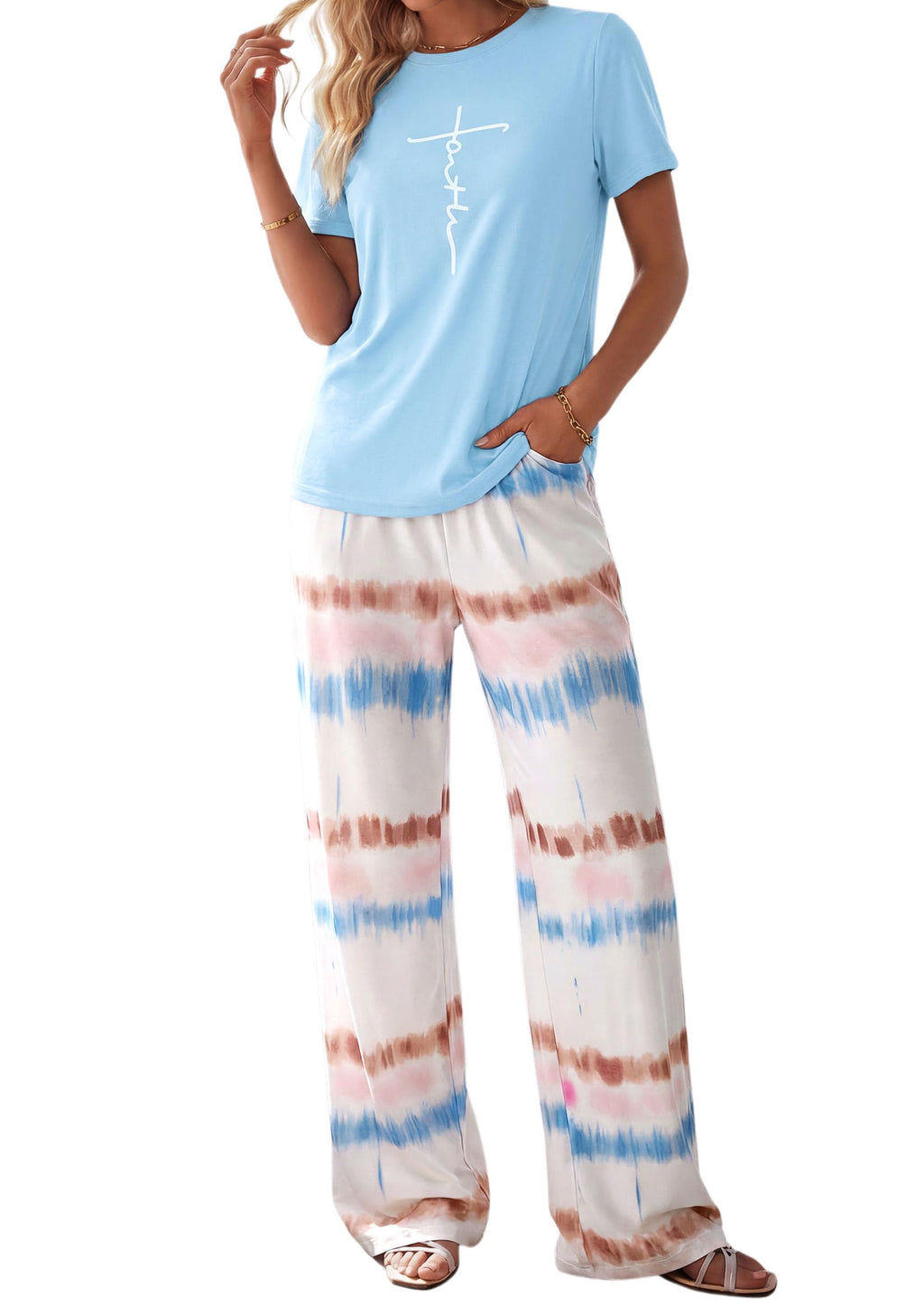 PRETTYGARDEN Womens Pajama Sets 2 Piece Lounge PJ Set Summer Soft Sleepwear Short Sleeve Top Loose Pants Spring Outfits