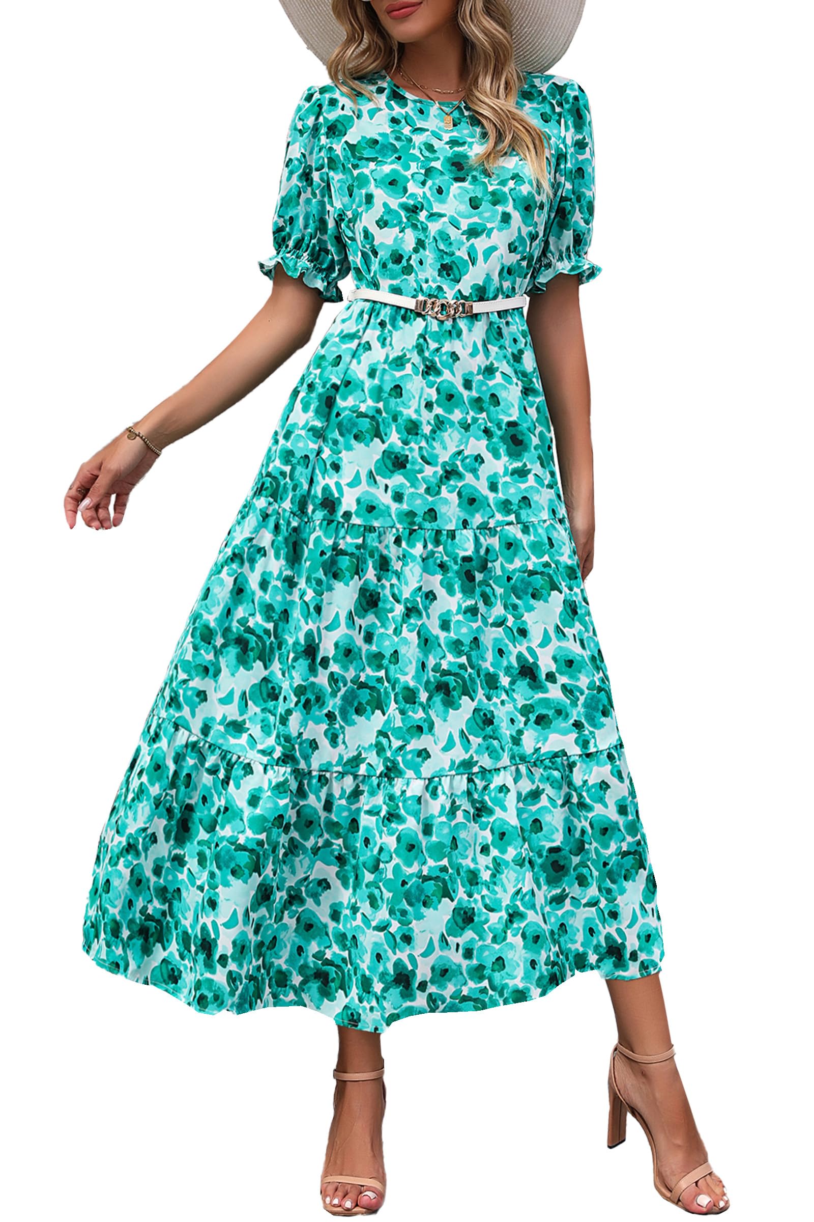 PRETTYGARDEN Summer Dresses for Women Casual Floral Boho Midi Sun Dress Puff Short Sleeve Flowy Beach Vacation Sundress