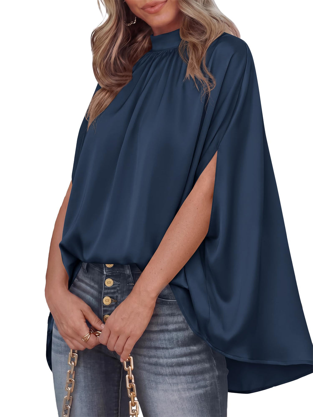 BTFBM Womens Summer Tops Mock Neck Batwing Sleeve Silk Satin Shirts Loose Oversized Dressy Casual Spring Blouses