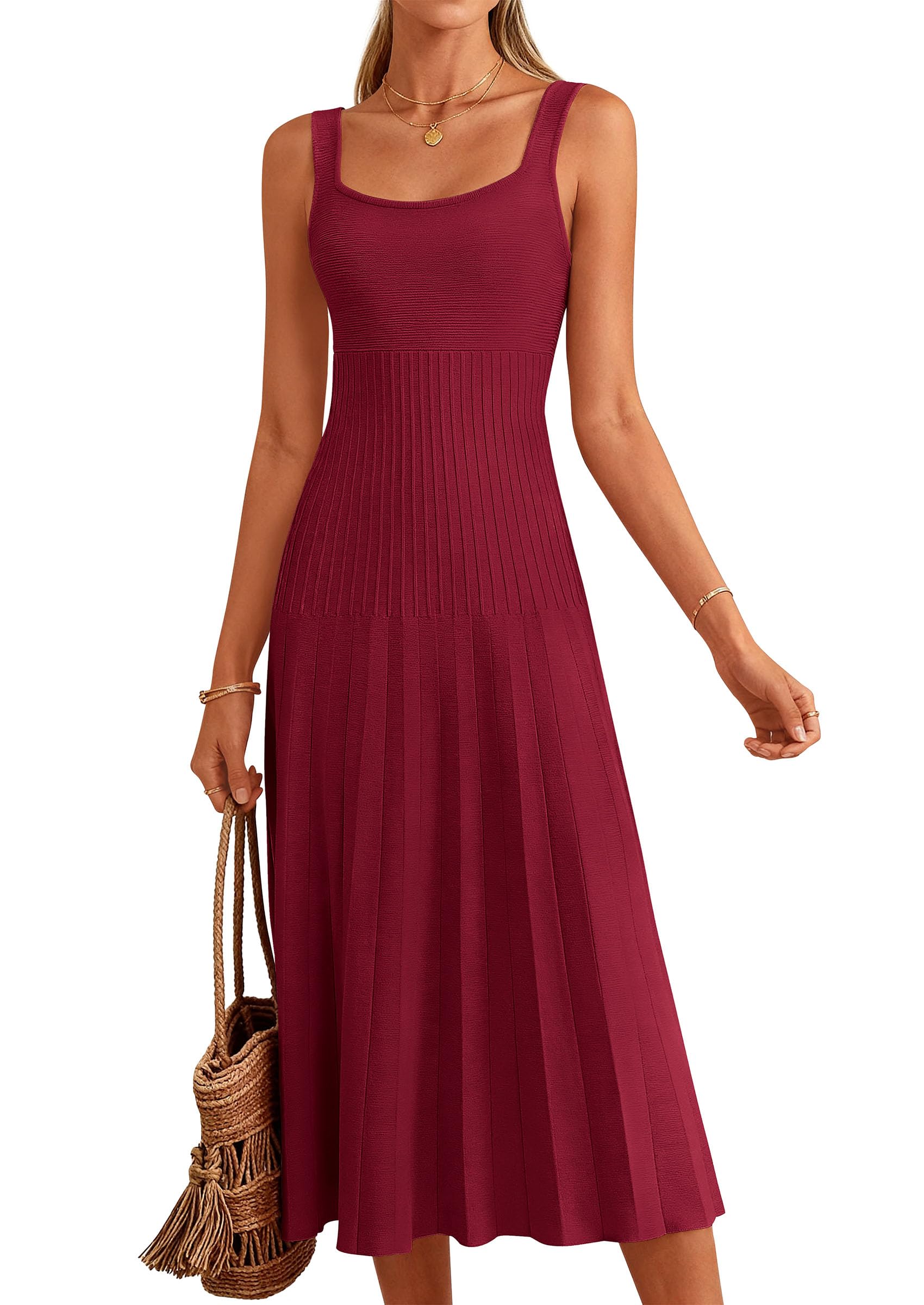 PRETTYGARDEN Spring Dresses for Women Summer Casual Sleeveless Square Neck A Line Knit Pleated Midi Cocktail Party Dress