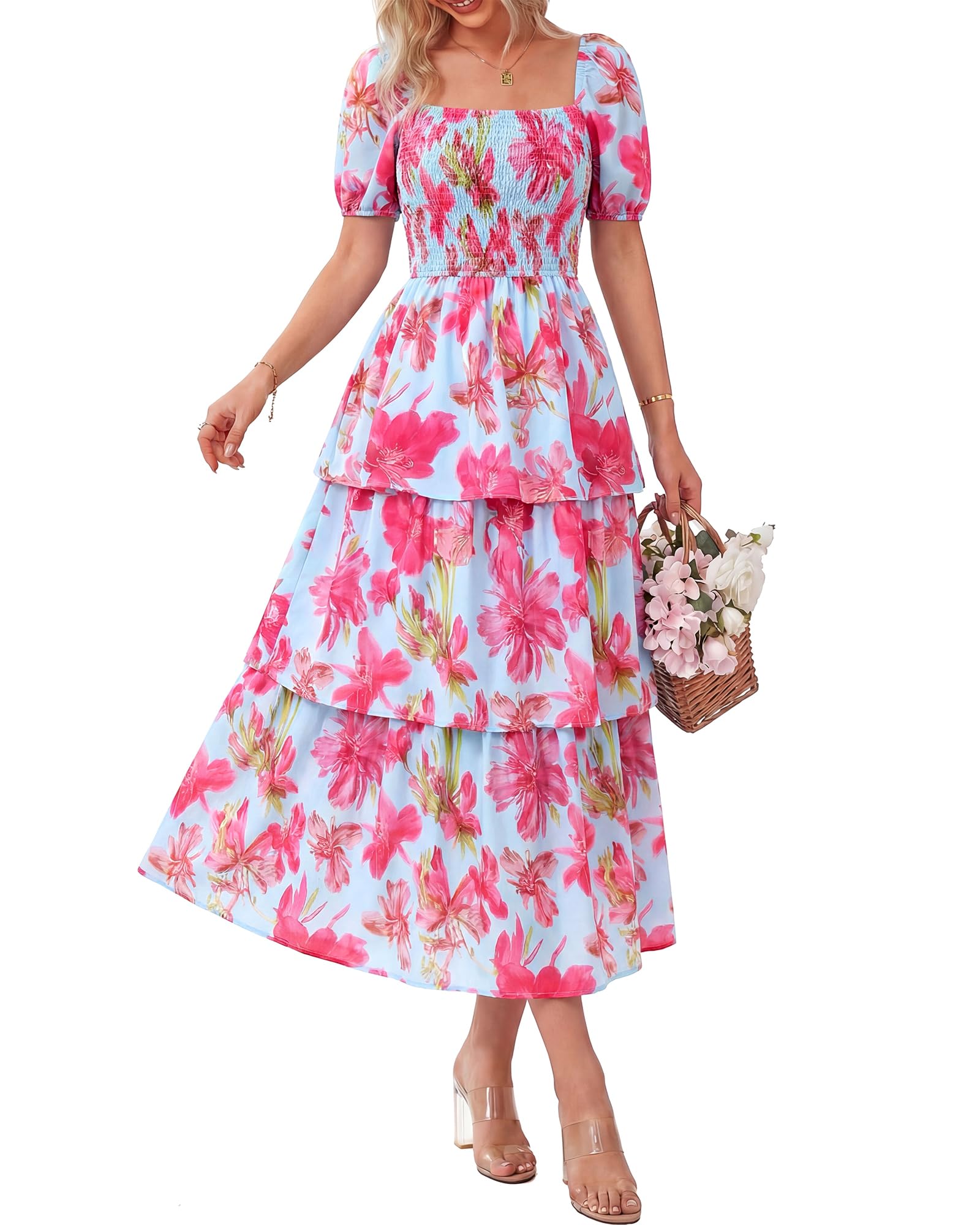 BTFBM Womens Square Neck Smocked Dress Summer Puff Short Sleeve Floral Casual Ruffle Tiered Maxi Wedding Guest Dresses