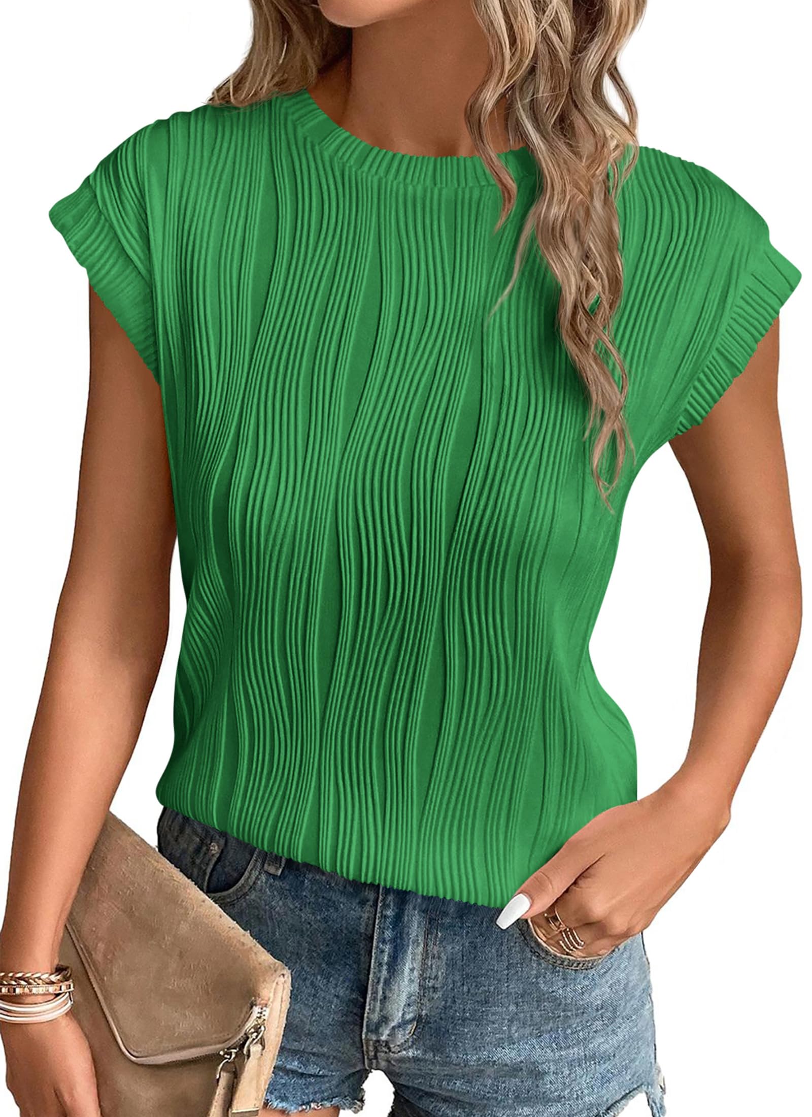 PRETTYGARDEN Blouses for Women Dressy Casual Spring Summer Business Office Tops Cap Sleeve Textured Cute Work Shirt