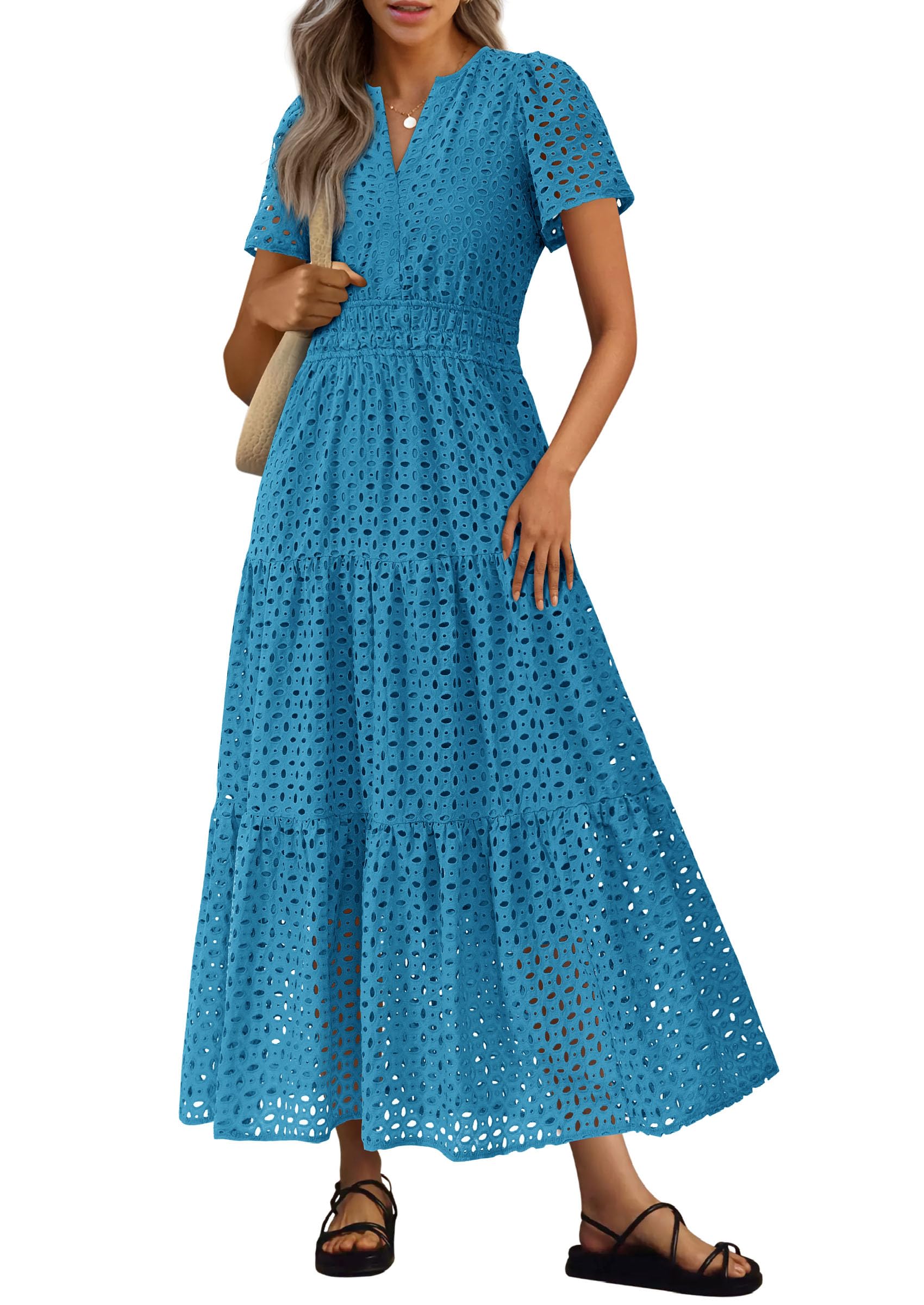 PRETTYGARDEN Womens Summer Maxi Dress Short Sleeve V Neck Hollow Out Eyelet A Line Long Flowy Beach Vacation Dresses