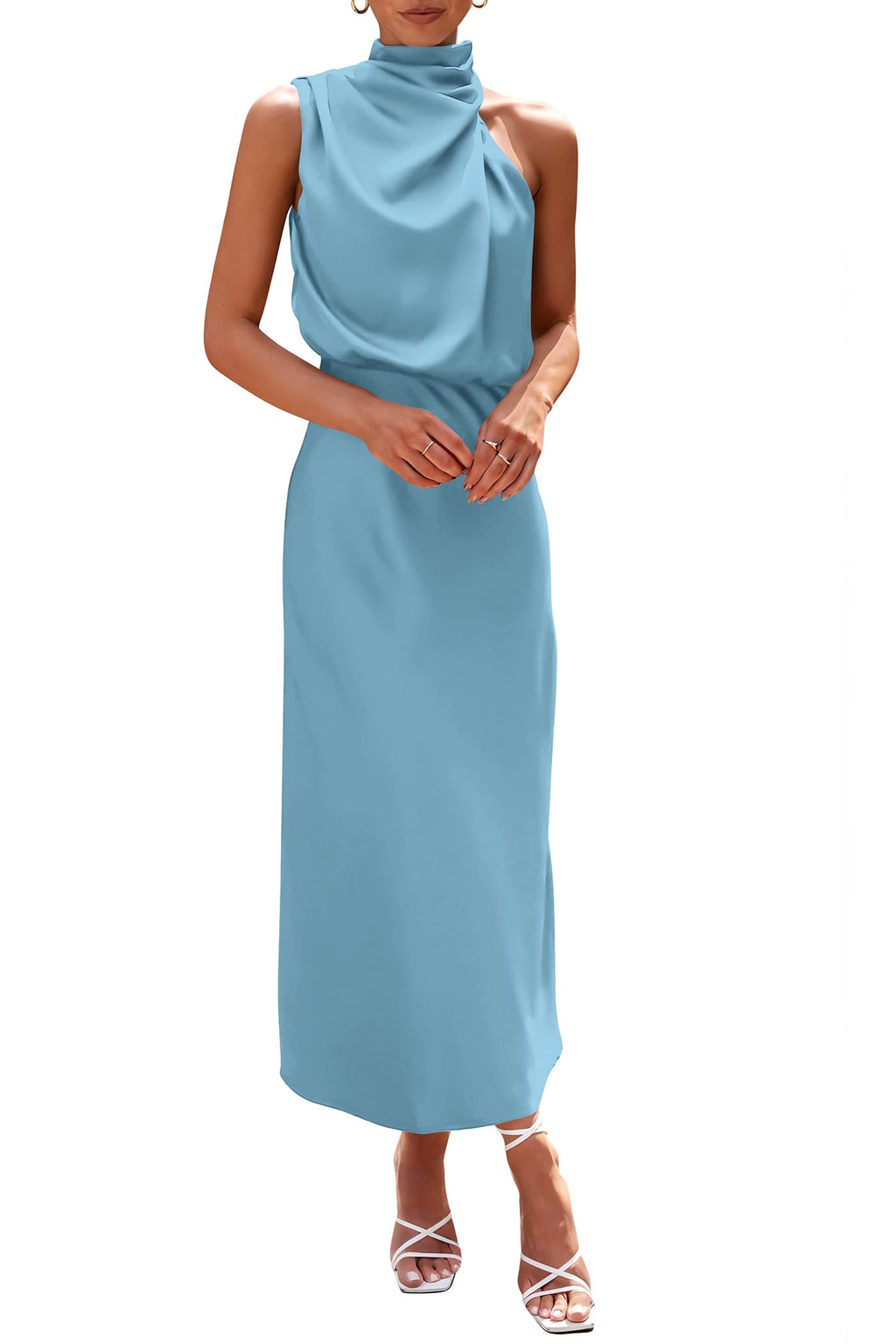 PRETTYGARDEN Women's Summer Satin Dress Elegant Sleeveless Mock Neck Cocktail Party Maxi Dresses