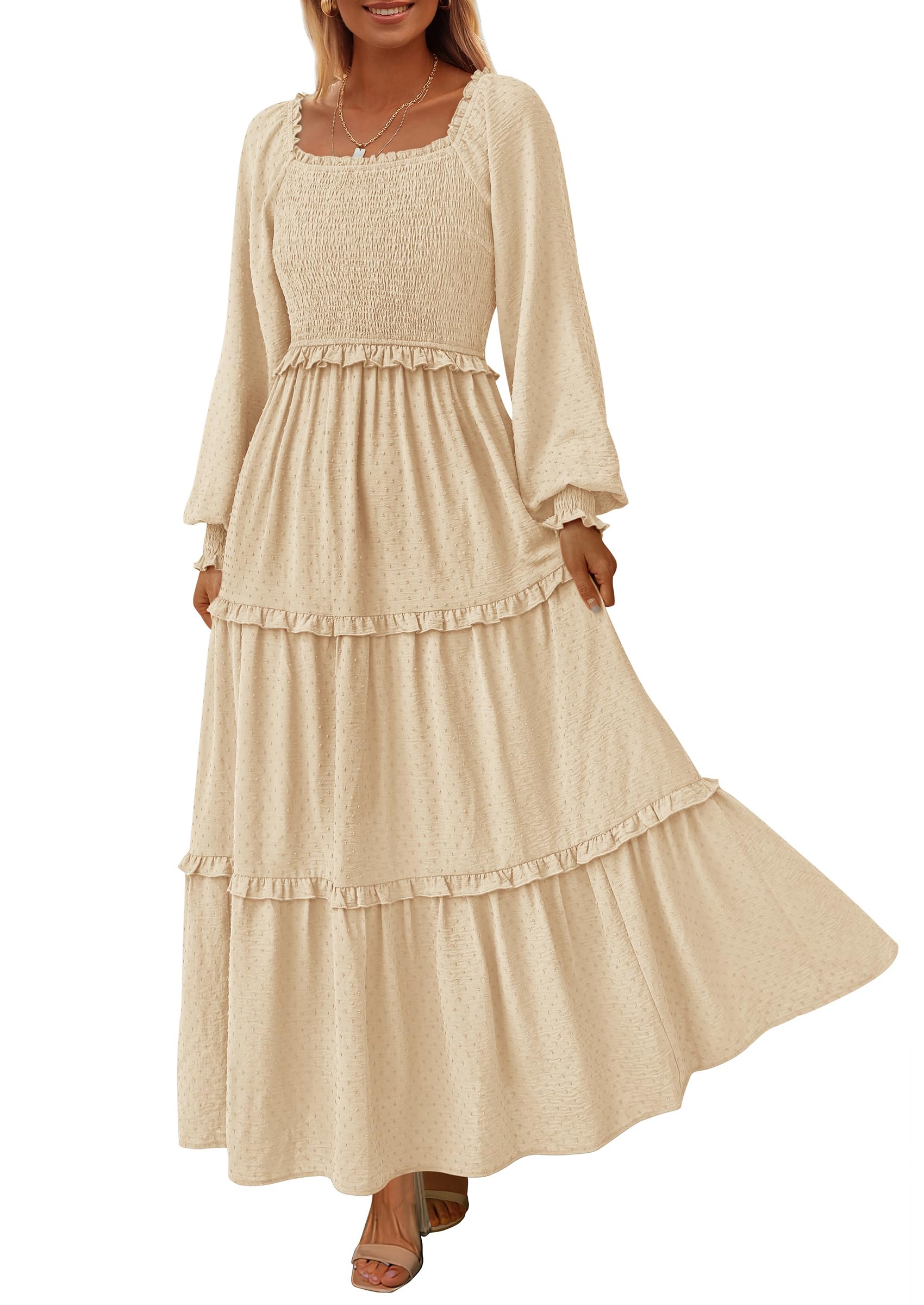 PRETTYGARDEN Fall Dresses for Women Long Sleeve Smocked Square Neck Swiss Dot Tiered Flowy Wedding Guest Maxi Dress