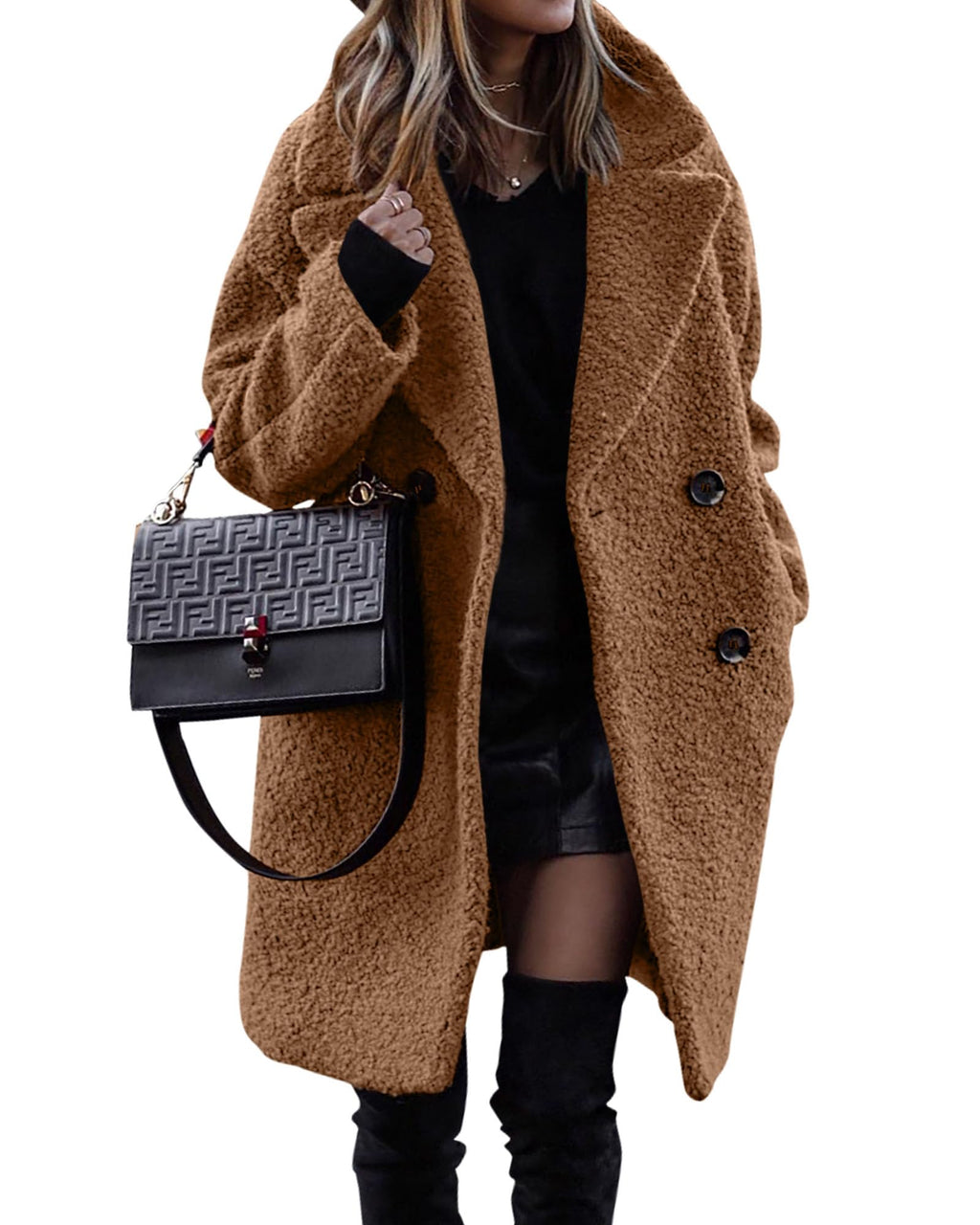 BTFBM Women Winter Faux Fur Coats Lapel Long Sleeve Fuzzy Fleece Outerwear Button Down Sherpa Jackets Fall Outfits