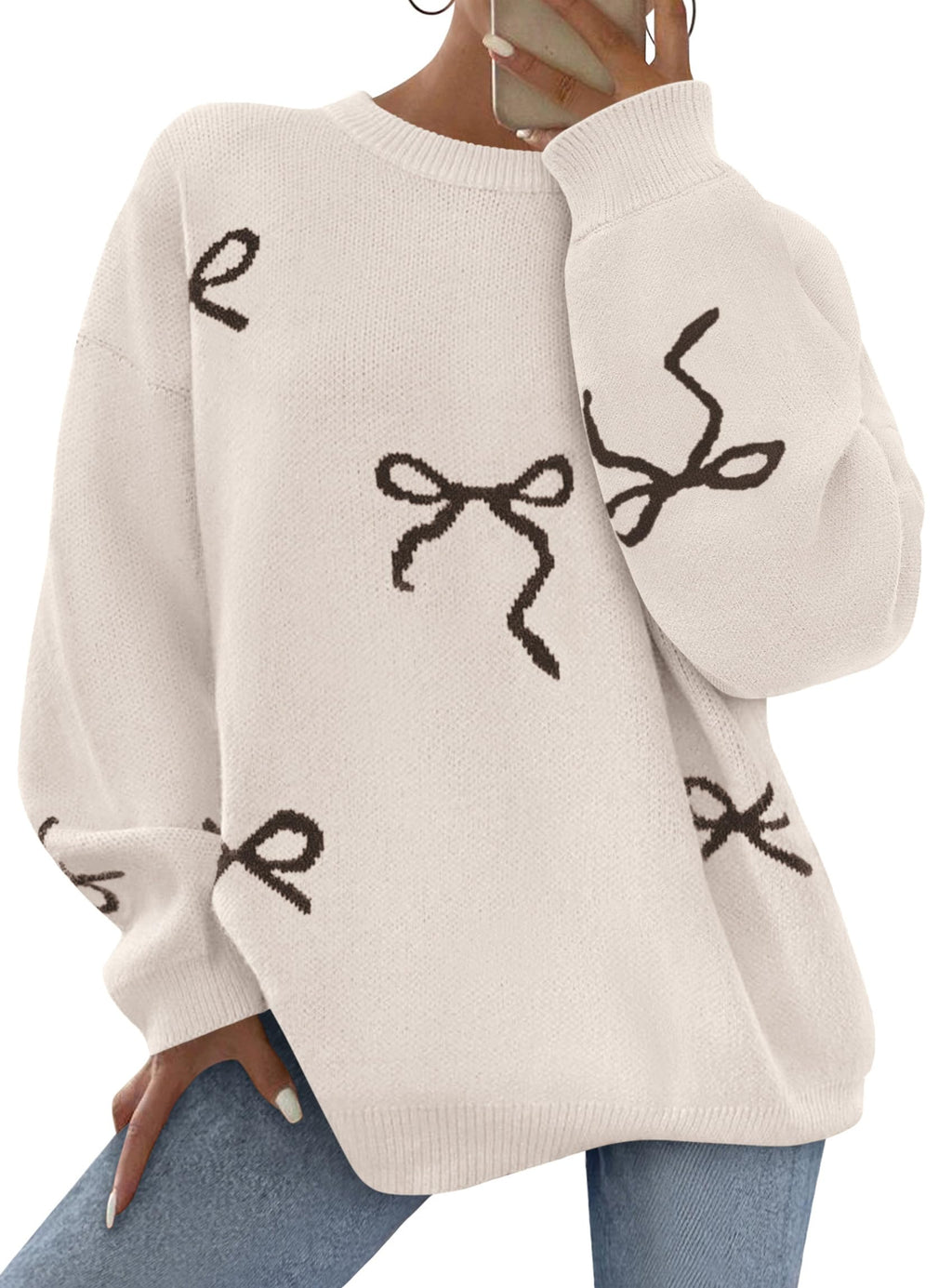 PRETTYGARDEN Fall Long Sleeve Pullover Sweaters for Women Trendy Crewneck Casual Cute Bow Chunky Knit Oversized Sweater