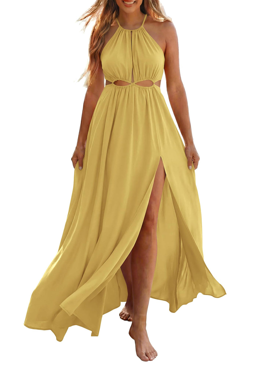 BTFBM Women Halter Summer Dresses Sleeveless Cutout Backless Sundress Slit Boho Maxi Beach Wedding Guest Dress