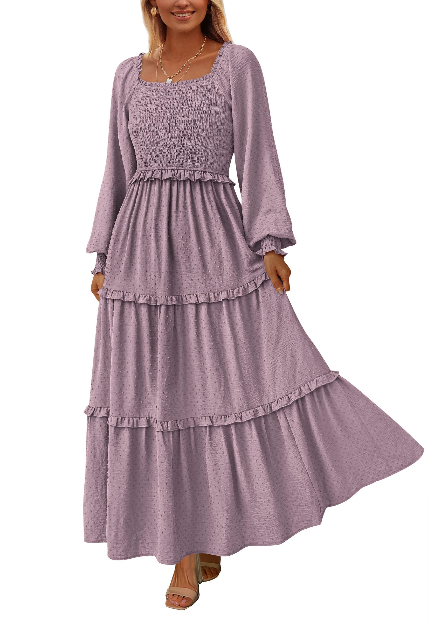 PRETTYGARDEN Fall Dresses for Women Long Sleeve Smocked Square Neck Swiss Dot Tiered Flowy Wedding Guest Maxi Dress