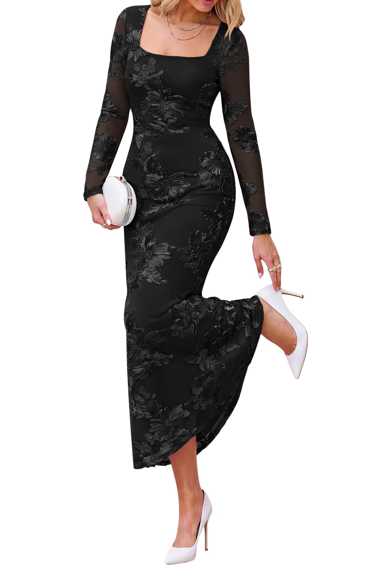 BTFBM Womens Long Sleeve Bodycon Floral Mesh Maxi Fall Wedding Guest Dress Semi Formal Dresses For Bridal Shower, Engagement, Cocktail, Homecoming, Prom, Birthday Party, Date Night Outfits, Lined