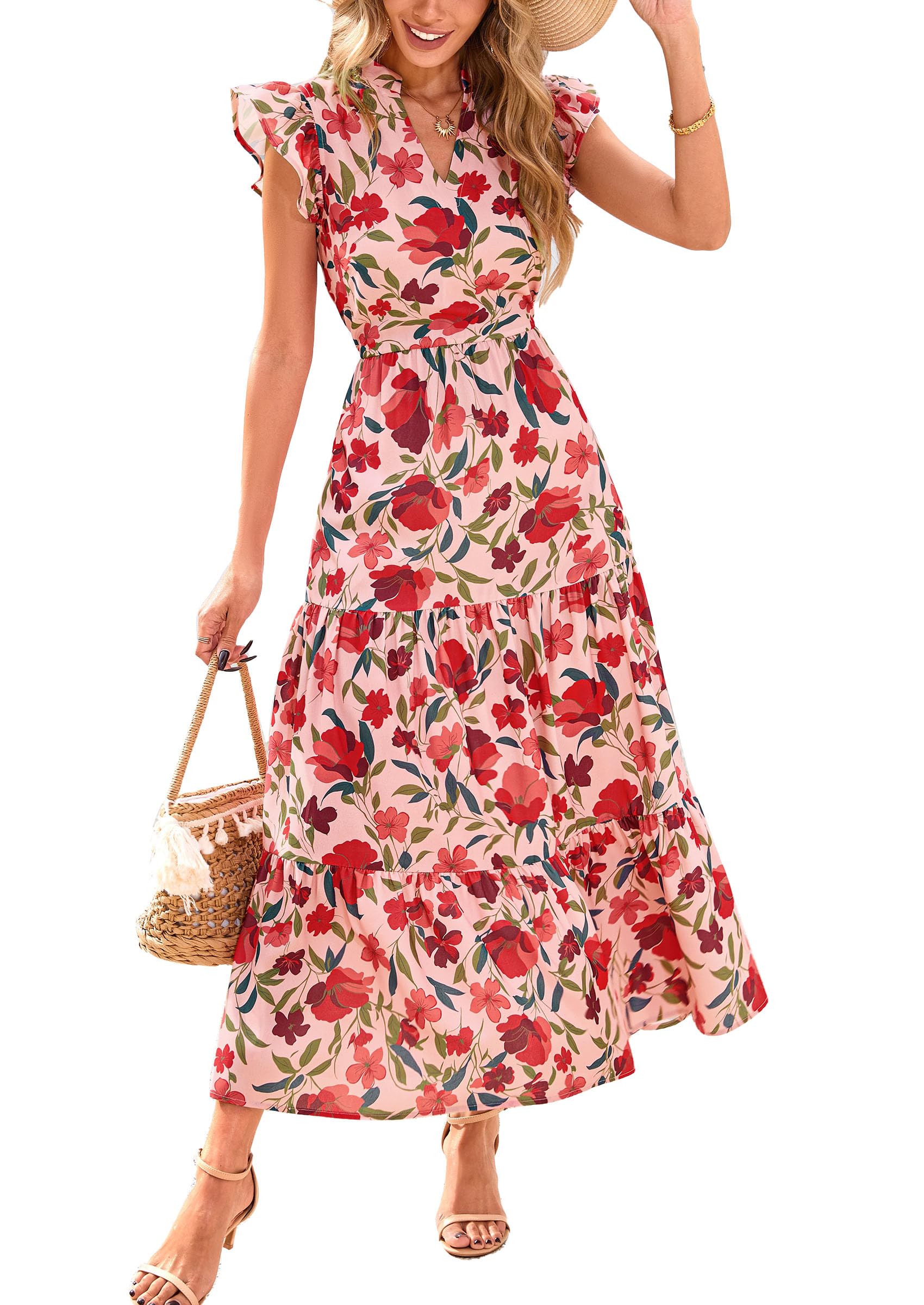 Visit the PRETTYGARDEN Store PRETTYGARDEN Women's Summer Floral Midi Dress Cap Sleeve V Neck Ruffle Long Flowy Boho Casual Beach Vacation Dresses