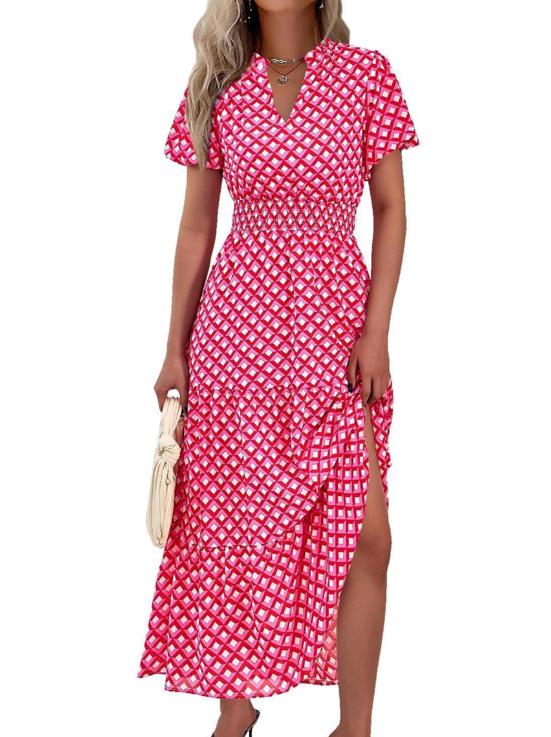 PRETTYGARDEN Summer Maxi Dresses for Women  Casual V Neck Puff Short Sleeve Smocked Flowy Beach Boho Long Floral Dress