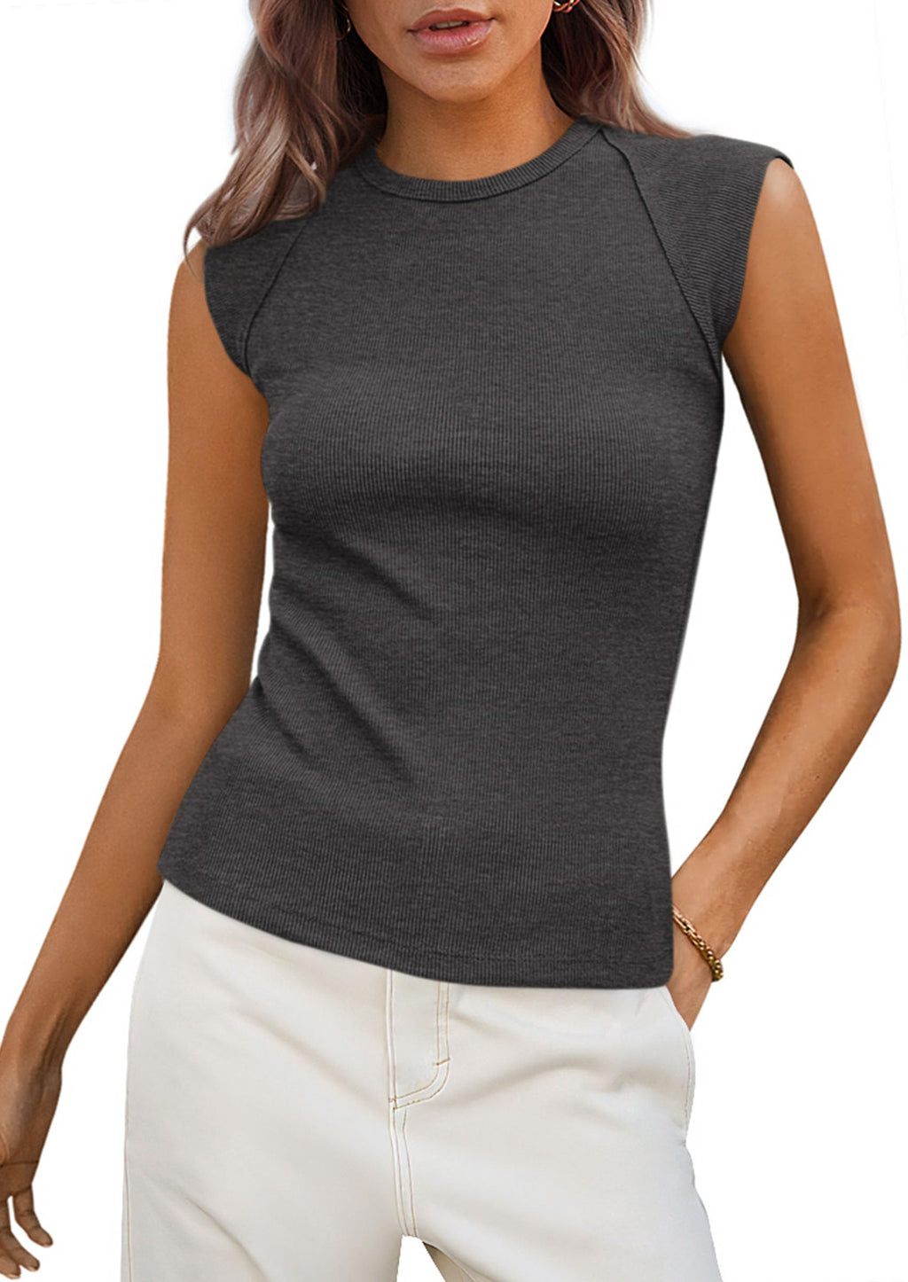 PRETTYGARDEN Women's Ribbed Tank Tops Summer Cap Sleeve Slim Fitted Knit Basic Casual Tee Shirts Trendy Fashion Clothes