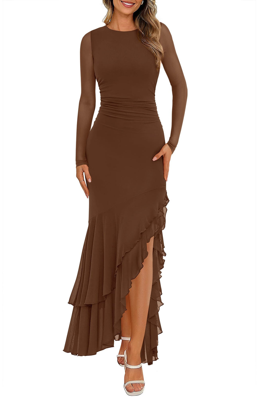 BTFBM Women's Maxi Dresses Fall Long Sleeve Wedding Guest Dress Mesh,Ruched,Bodycon,High Split,Solid Color,Ruffle, Mermaid,Cocktail Dresses,Prom,Party,Homecoming Dress,Fall Outfits