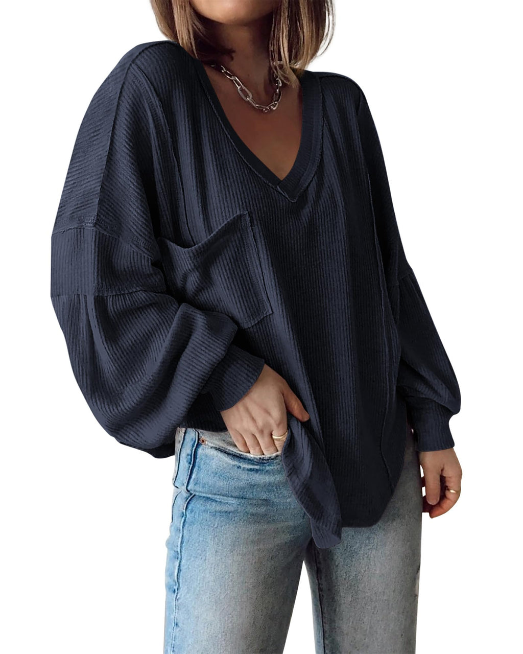 FreshPretty Womens Fall Fashion Long Sleeve Shirts Casual V Neck Ribbed Knit Blouses Pullover Trendy Loose Fit Tunic Tops