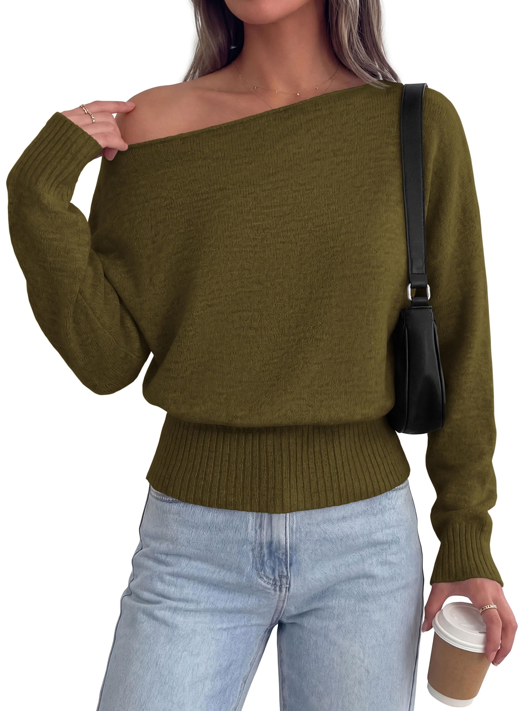 PRETTYGARDEN Womens Off The Shoulder Sweater Fall Fashion Soft Stretchy Knit Fabric, Batwing Long Sleeve Cinched Waist Cropped Sweaters, Date Night Outfit, Asymmetrical Going Out Tops