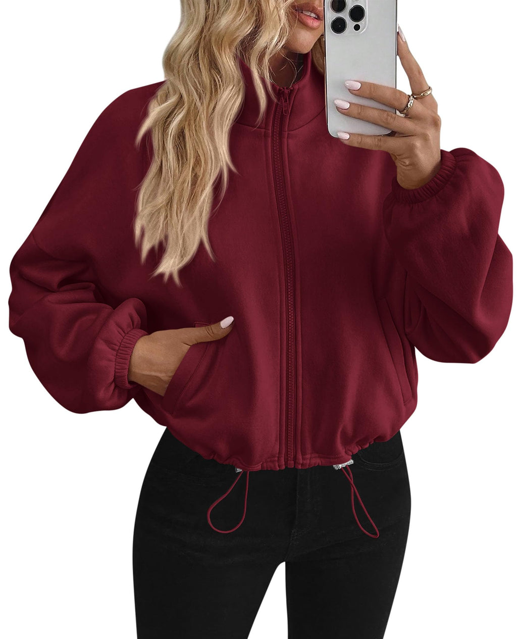 PRETTYGARDEN Womens Zip Up Fleece Cropped Sweatshirt Jacket Oversized Loose Soft Stand Collar with Drawstring Hem, Long Sleeve Casual Coat With Pockets, Fall Outfits Winter Clothing