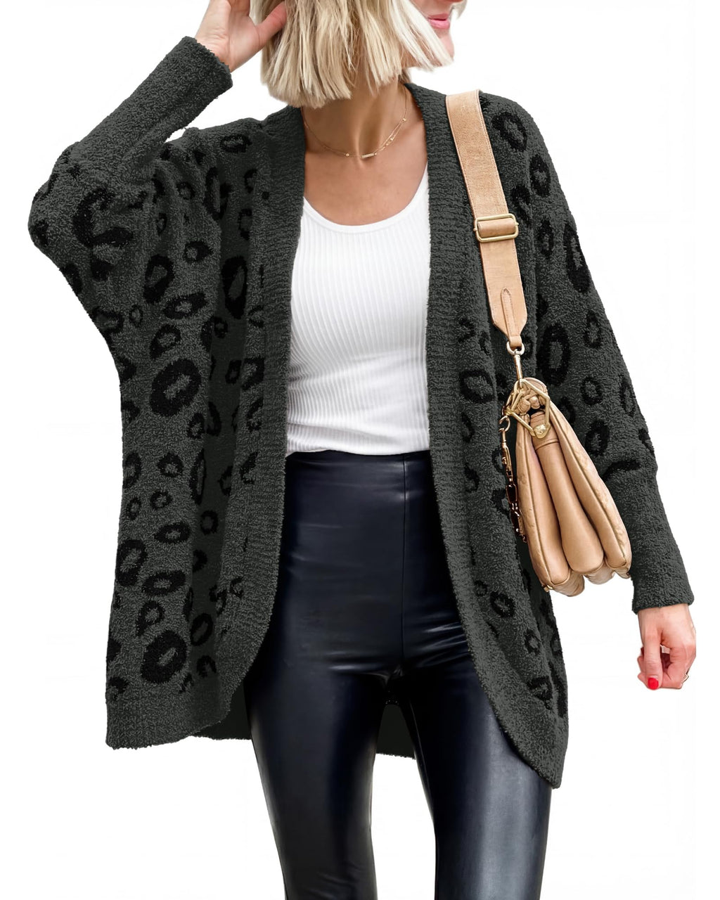 BTFBM Leopard Cardigan for Women Long Sleeve Open Front Cardigans Sweaters Pockets Loose Knit Fall Spring Outwear