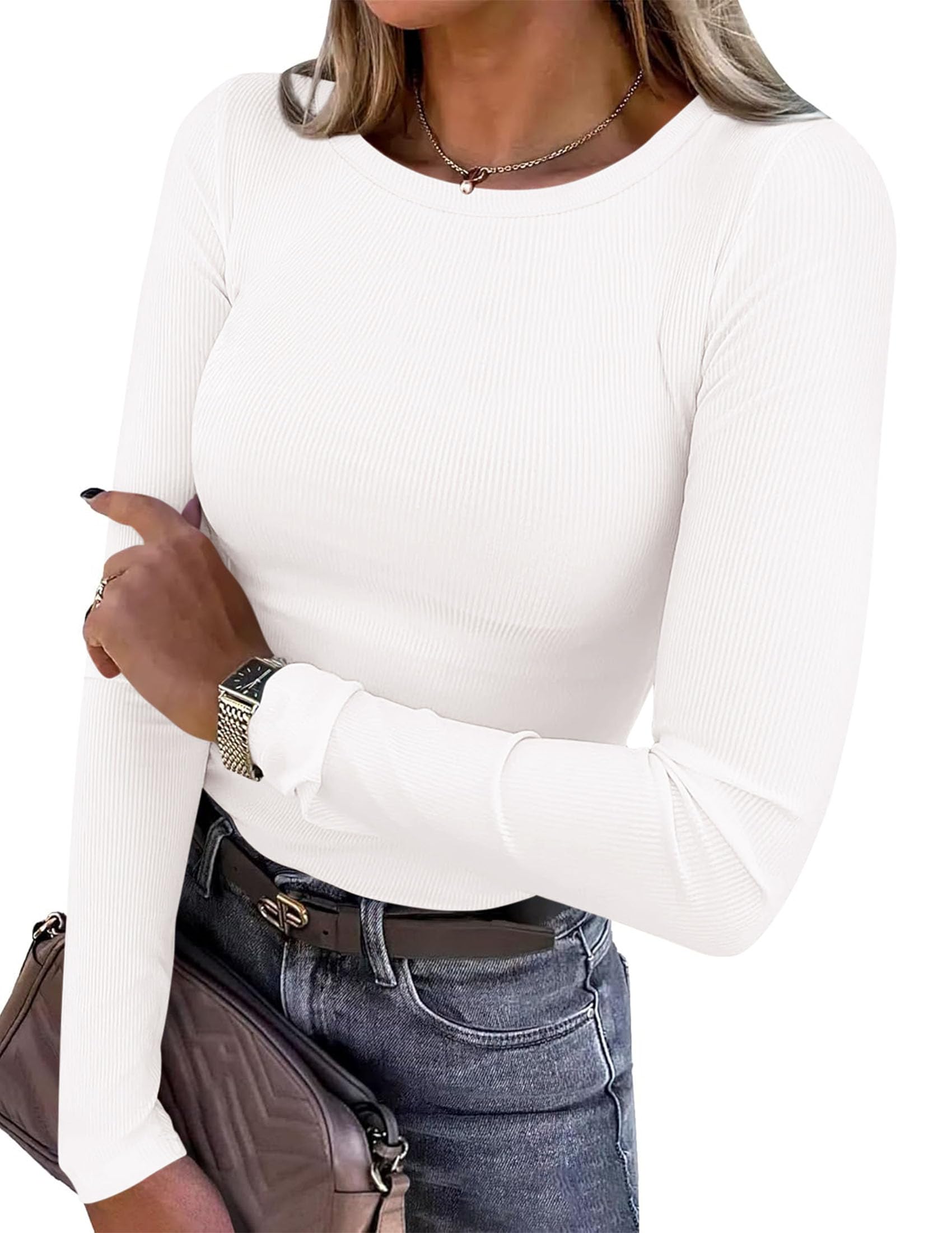 PRETTYGARDEN Women Fall Clothes Long Sleeve Shirts Ribbed Knit Fitted Basic Tee Going Out Tops Underscrub Casual Outfits