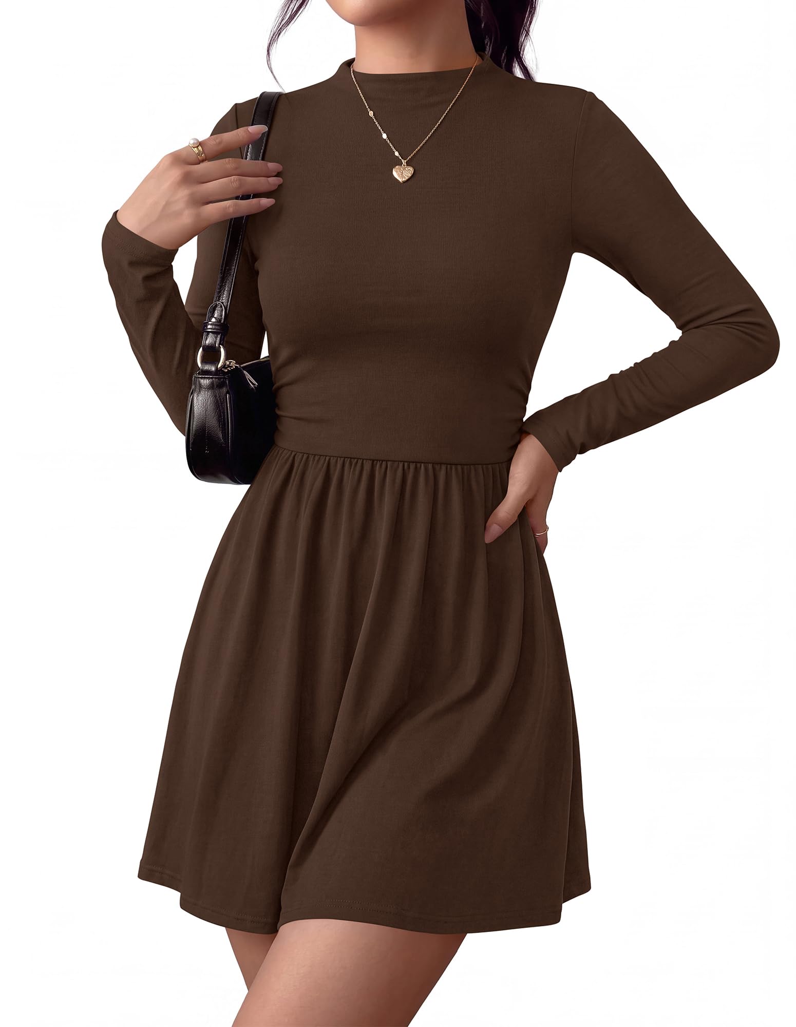 BTFBM Long Sleeve Dresses for Women Mock Neck A Line Flowy Mini Dress Swing Pleated Hem,Cocktail Party Club Holiday Going Out Outfits,Dressy Casual Winter,Trendy Early Fall Fashion Clothing