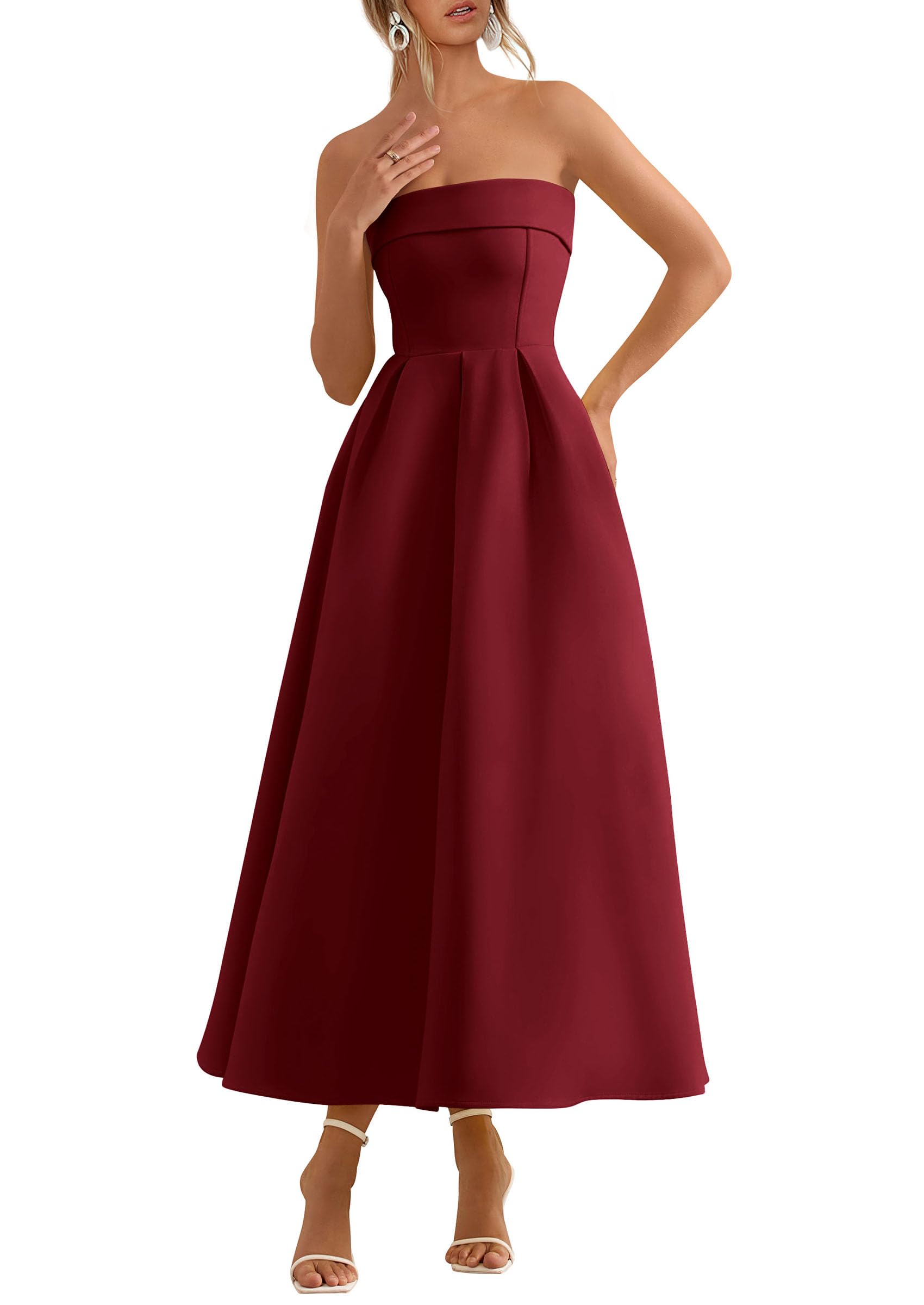 PRETTYGARDEN Cocktail Dresses for Women Summer Formal Elegant Tube Top Strapless Spring Wedding Guest Party Midi Dress