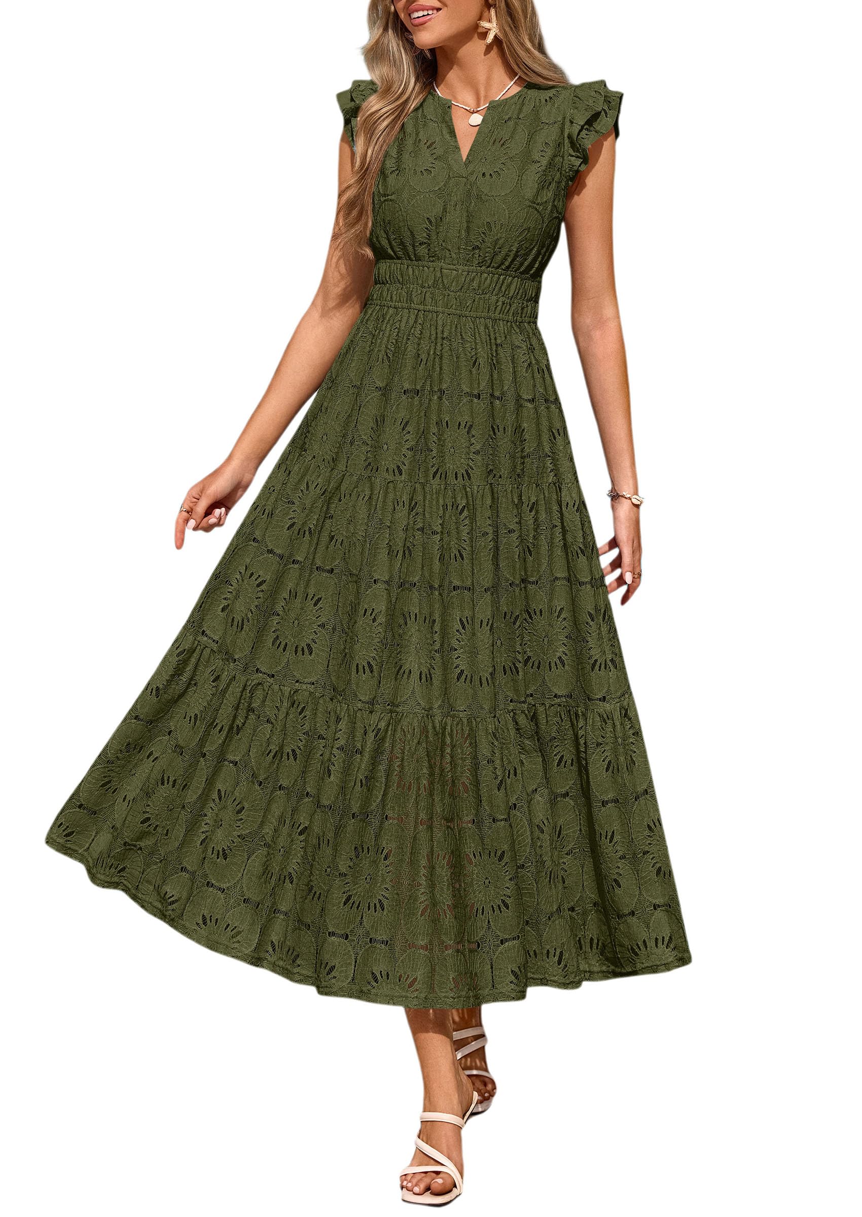 PRETTYGARDEN Womens Boho Maxi Dresses Summer Floral Lace Eyelet V Neck Spring Wedding Guest Dress Beach Vacation Clothes