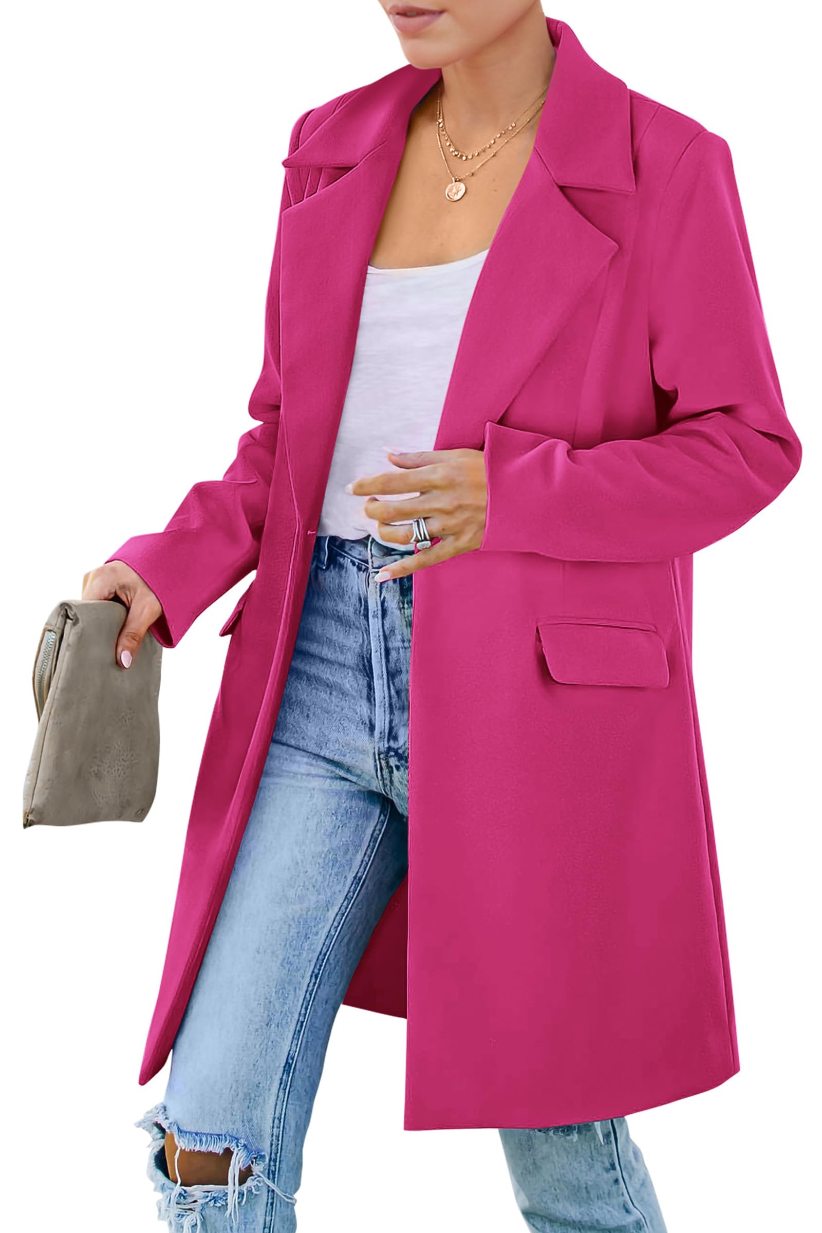 PRETTYGARDEN Women's Spring Fall Long Blazer Jackets Long Sleeve Lapel Pockets Loose Fit Work Casual Blazers Outerwear