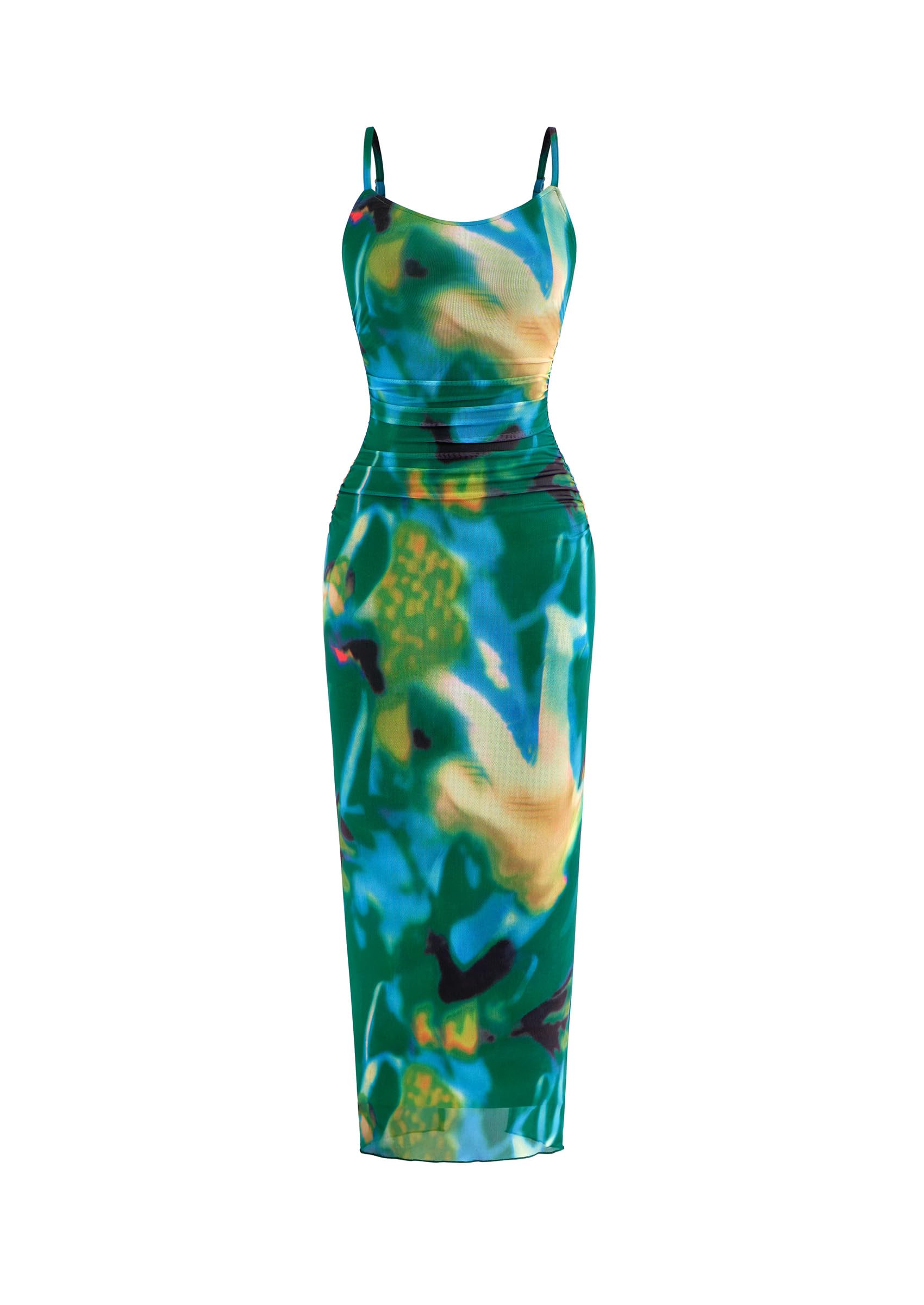 PRETTYGARDEN Summer Wedding Guest Dresses for Women Spaghetti Strap Mesh Bodycon Beach Vacation Floral Maxi Long Dresses