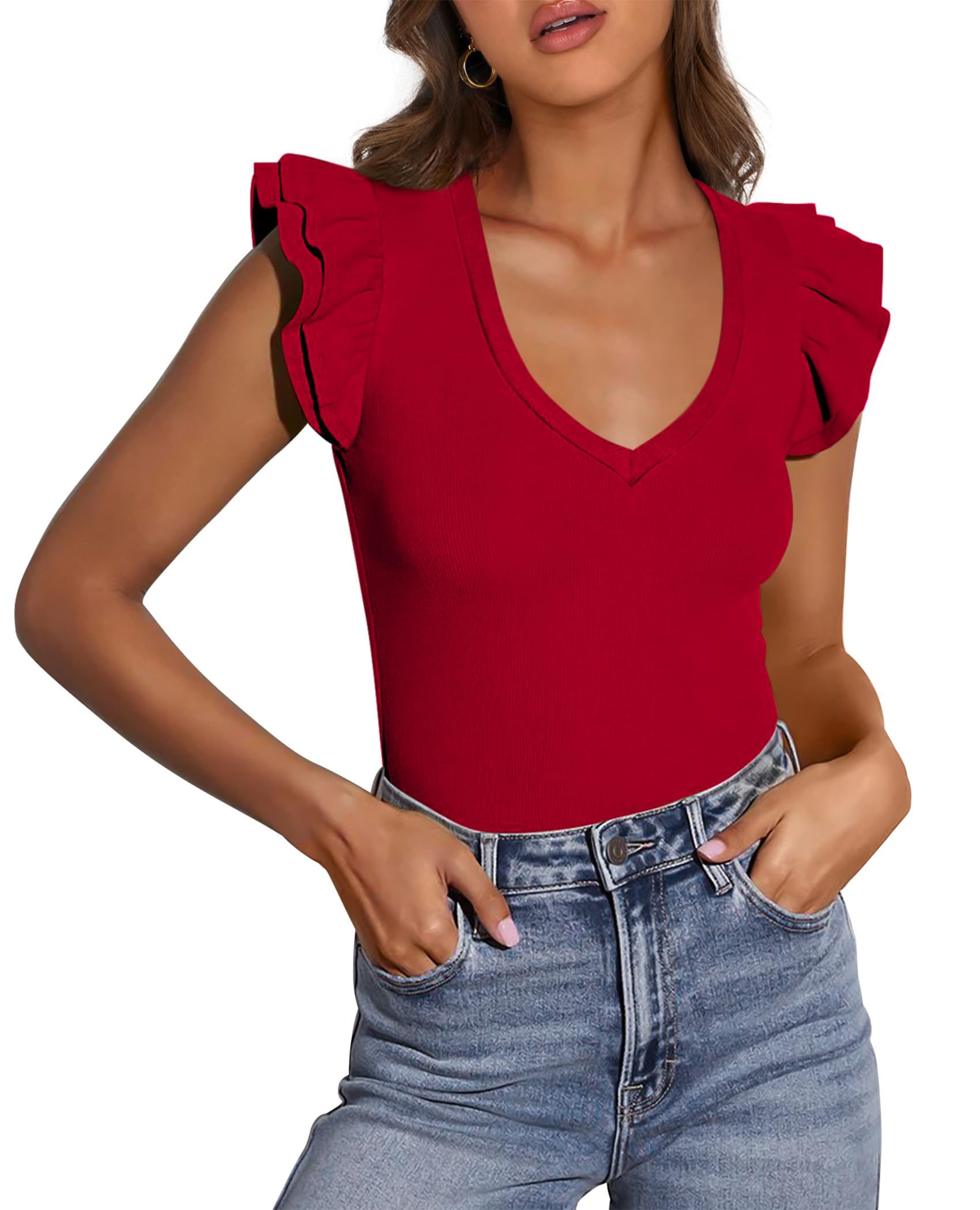 PRETTYGARDEN Womens V Neck Summer Tops Ruffle Sleeveless Slim Fit T Shirts Going Out Casual Blouses