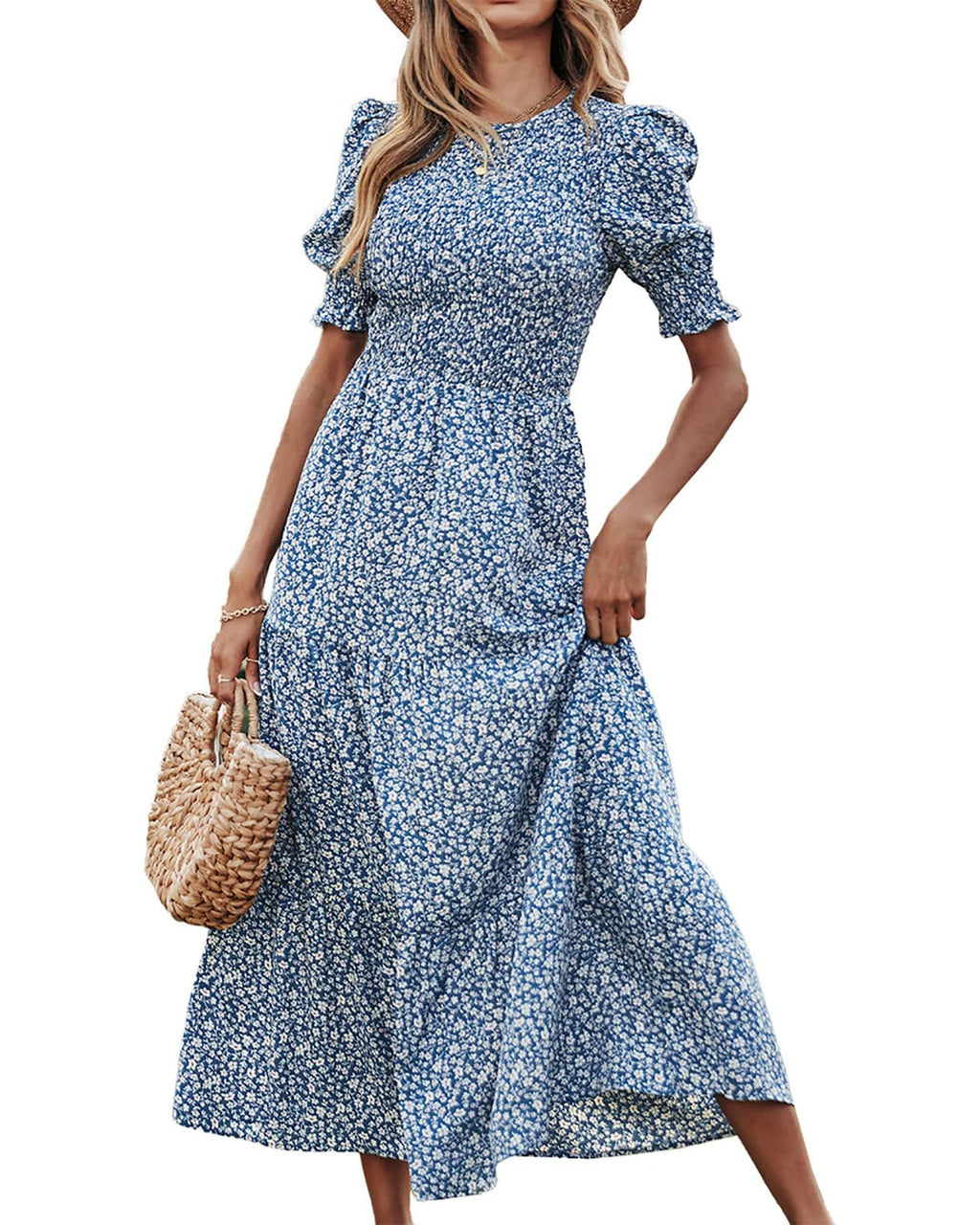 FreshPretty Women Casual Summer Dresses Spring Crew Neck Ruffle Short Sleeve Floral Print Smocked Boho Flowy Maxi Dress