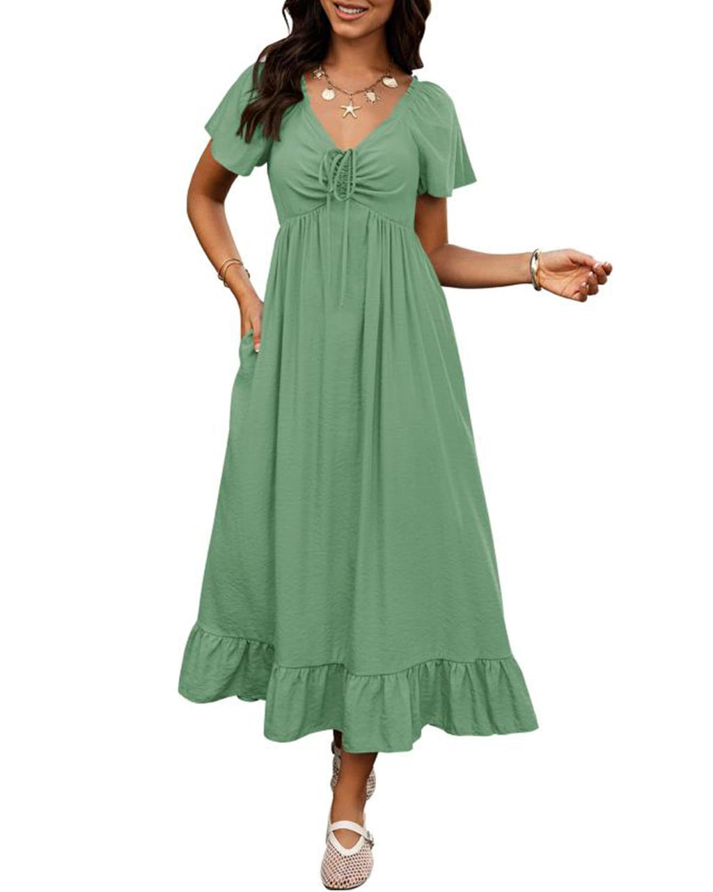 BTFBM Womens Spring Dresses Casual Short Sleeve V Neck Drawstring Wedding Guest Maxi Dresses Boho Beach Long Dress