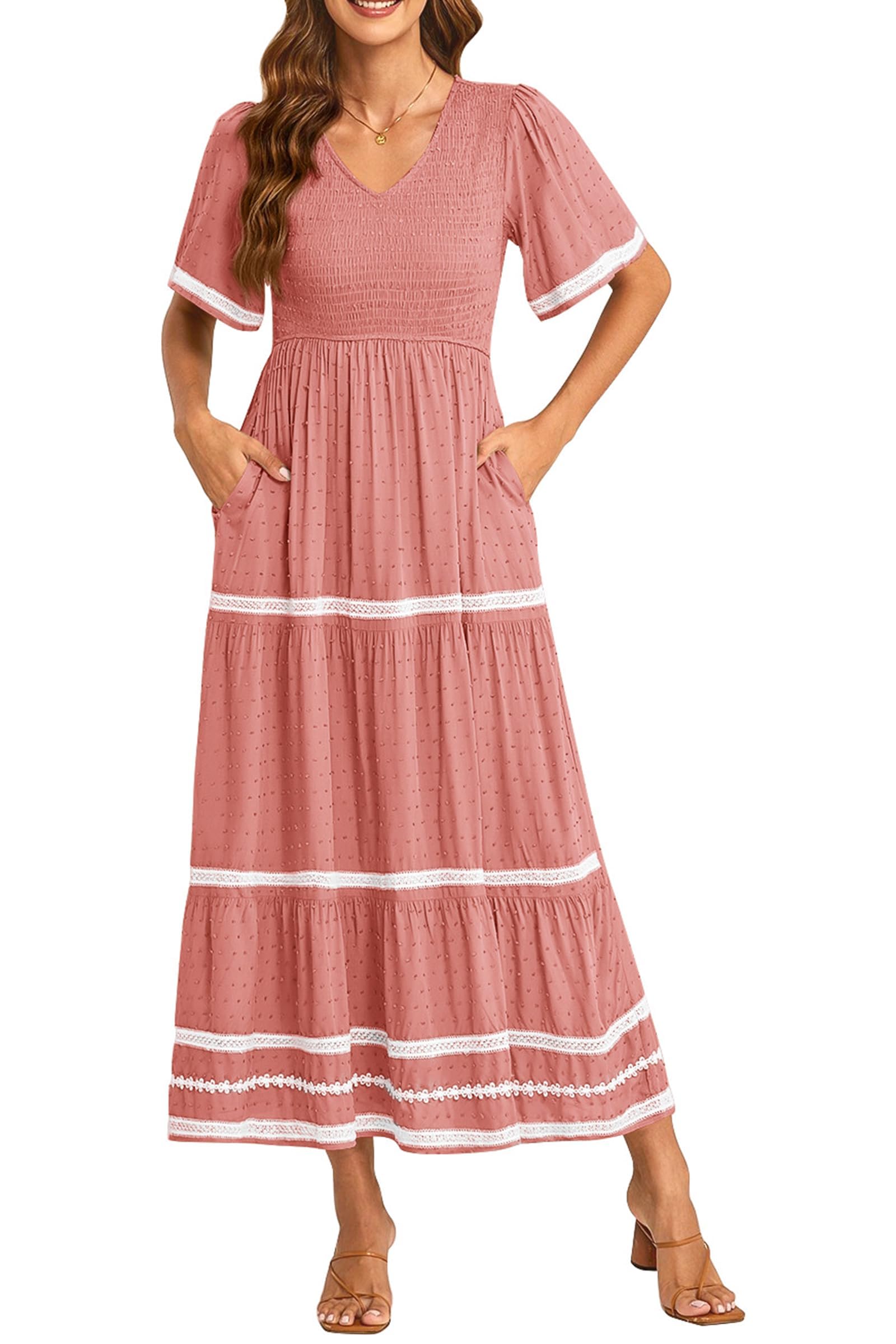 PRETTYGARDEN Women's Casual Summer Maxi Dress Short Sleeve Swiss Dot V Neck Smocked Long Flowy Beach Dresses