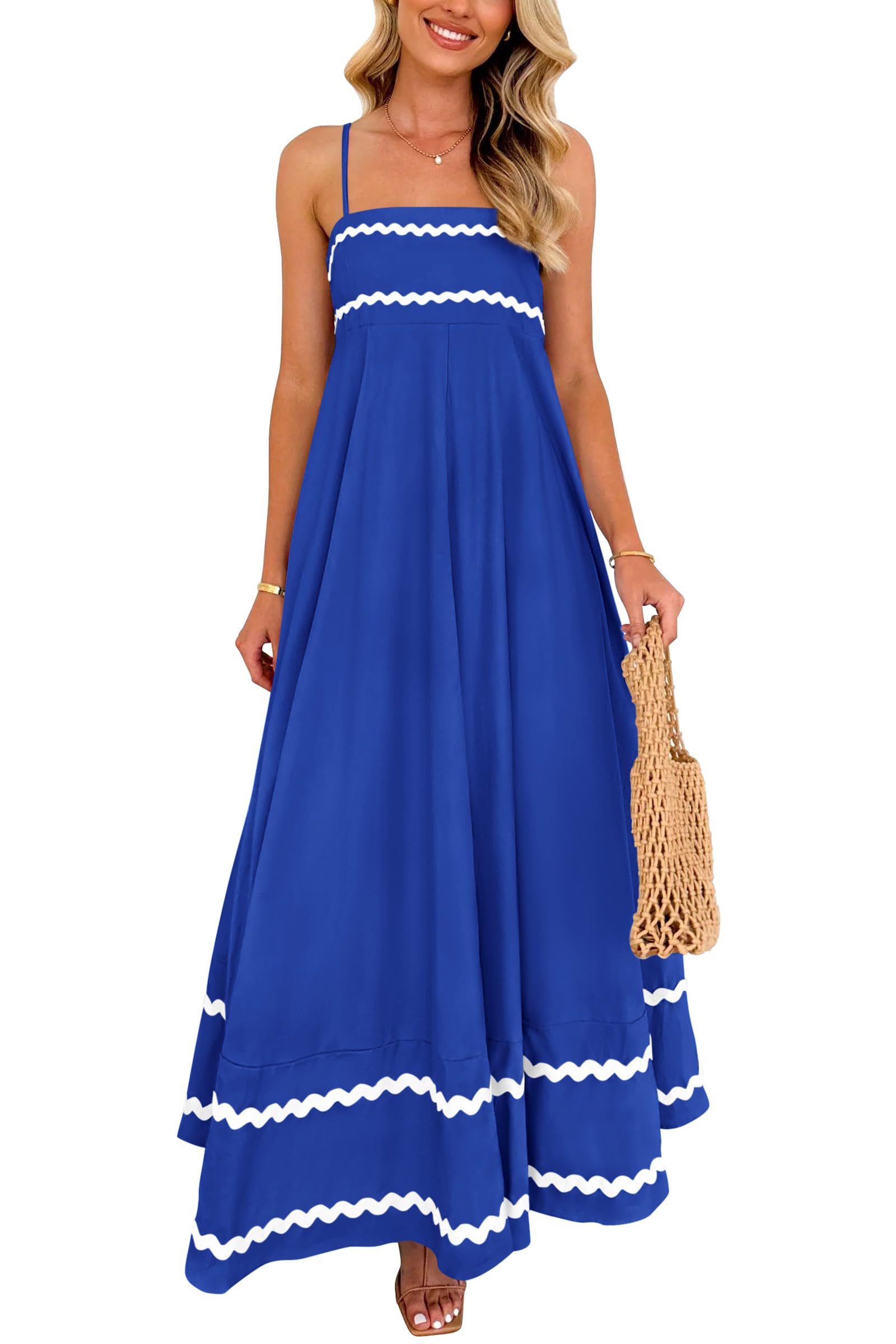 PRETTYGARDEN Women's Summer Flowy Maxi Dress Casual Sleeveless Spaghetti Strap Ruffle Beach Long Dresses