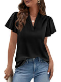 PRETTYGARDEN Women's Summer Satin Blouses Dressy Casual Ruffle Cap Sleeve V Neck Business Work Cute Tops Spring Outfits